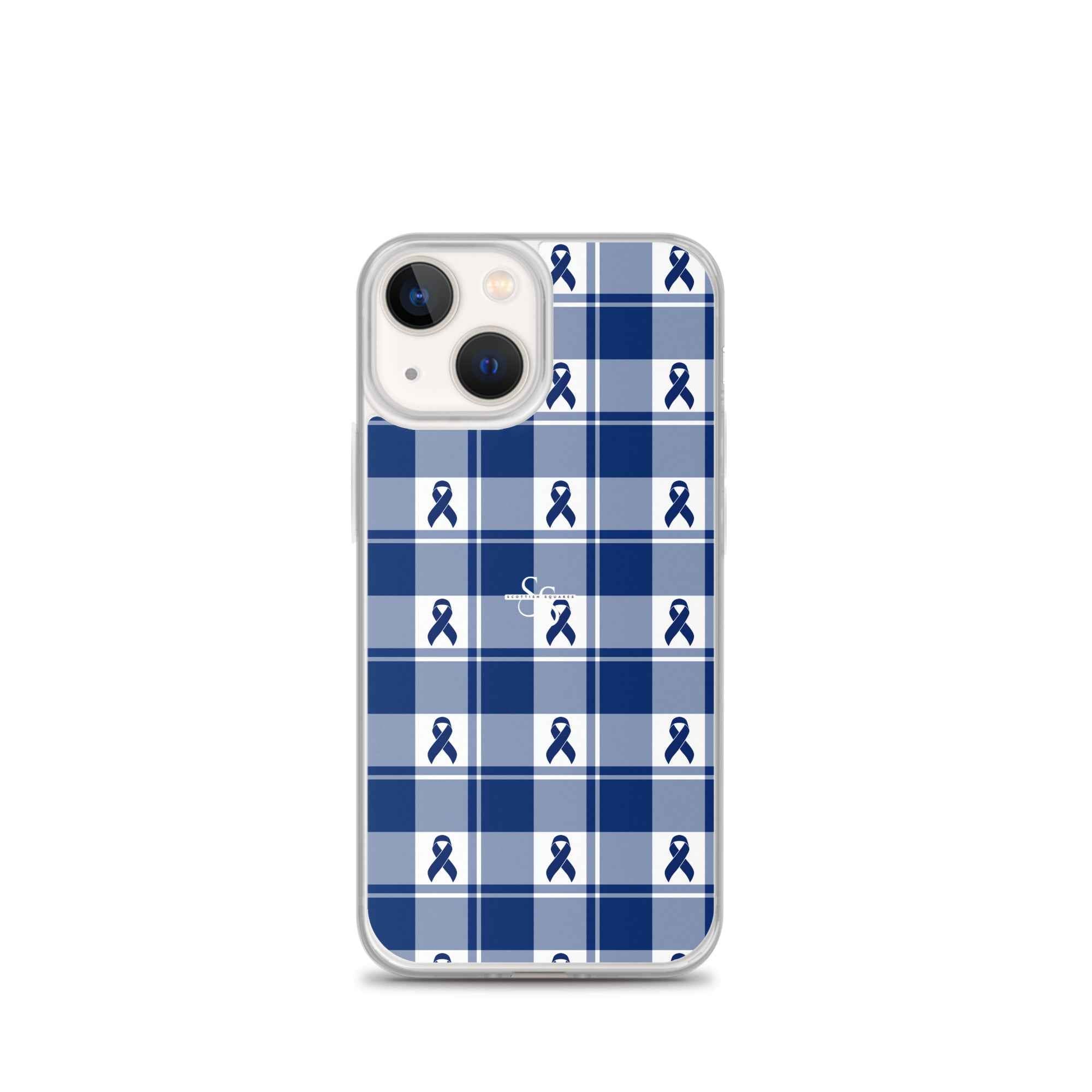Clear Case for iPhone Colorectal Cancer Awareness Plaid, Dark Blue Ribbon, Supportive Gift iPhone 13 mini - Scottish Squares