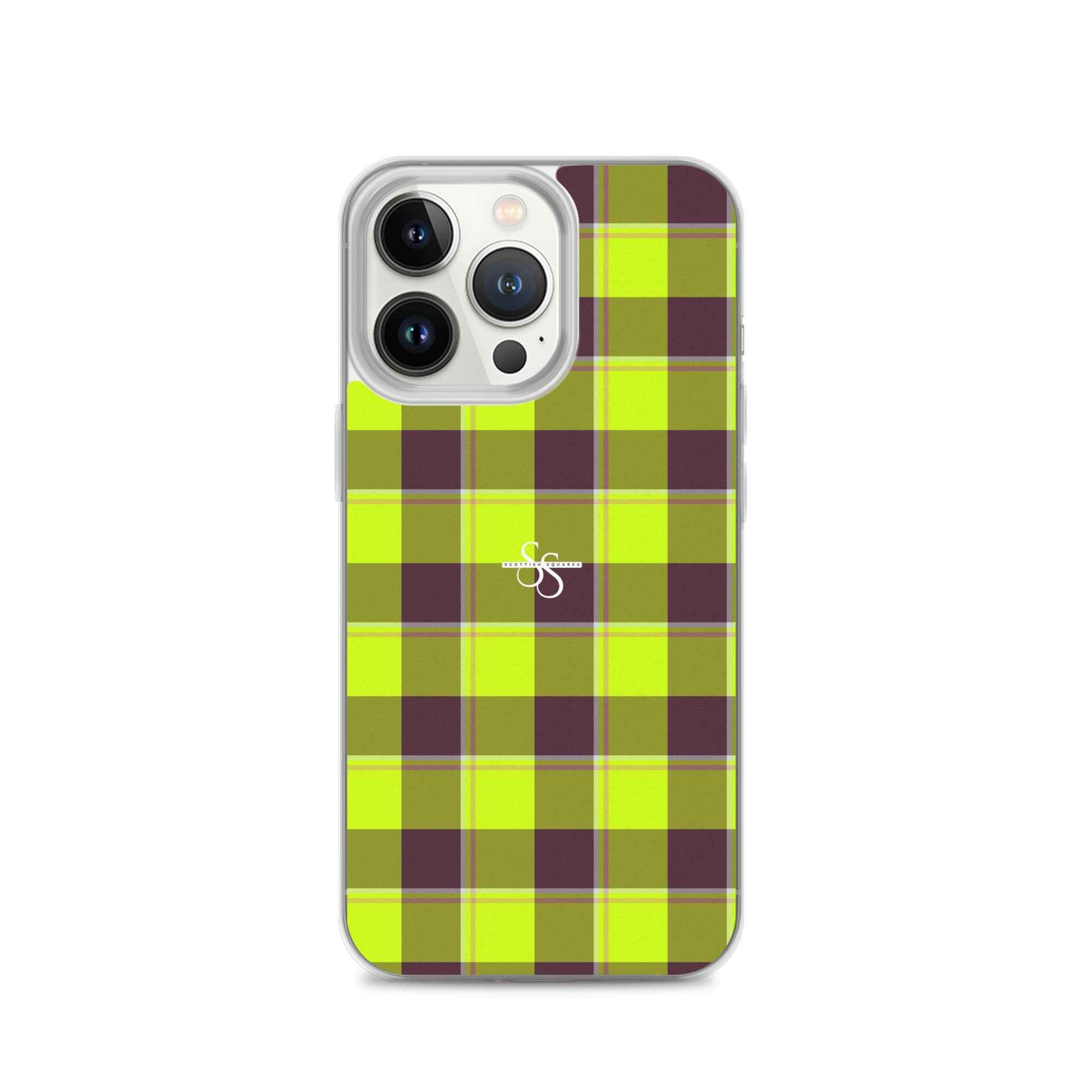 Clear Case for iPhone Electric Lime and Livid Brown Plaid iPhone 13 Pro - Scottish Squares