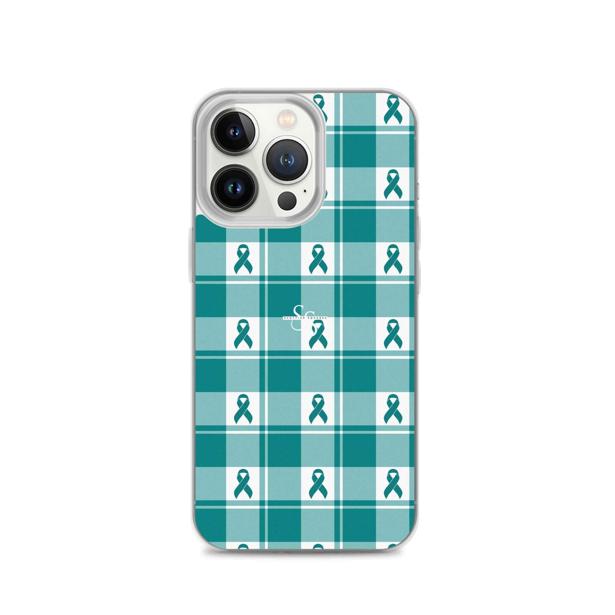 Clear Case for iPhone Cervical Cancer Awareness Plaid, Teal Ribbon, Supportive Gift iPhone 13 Pro - Scottish Squares
