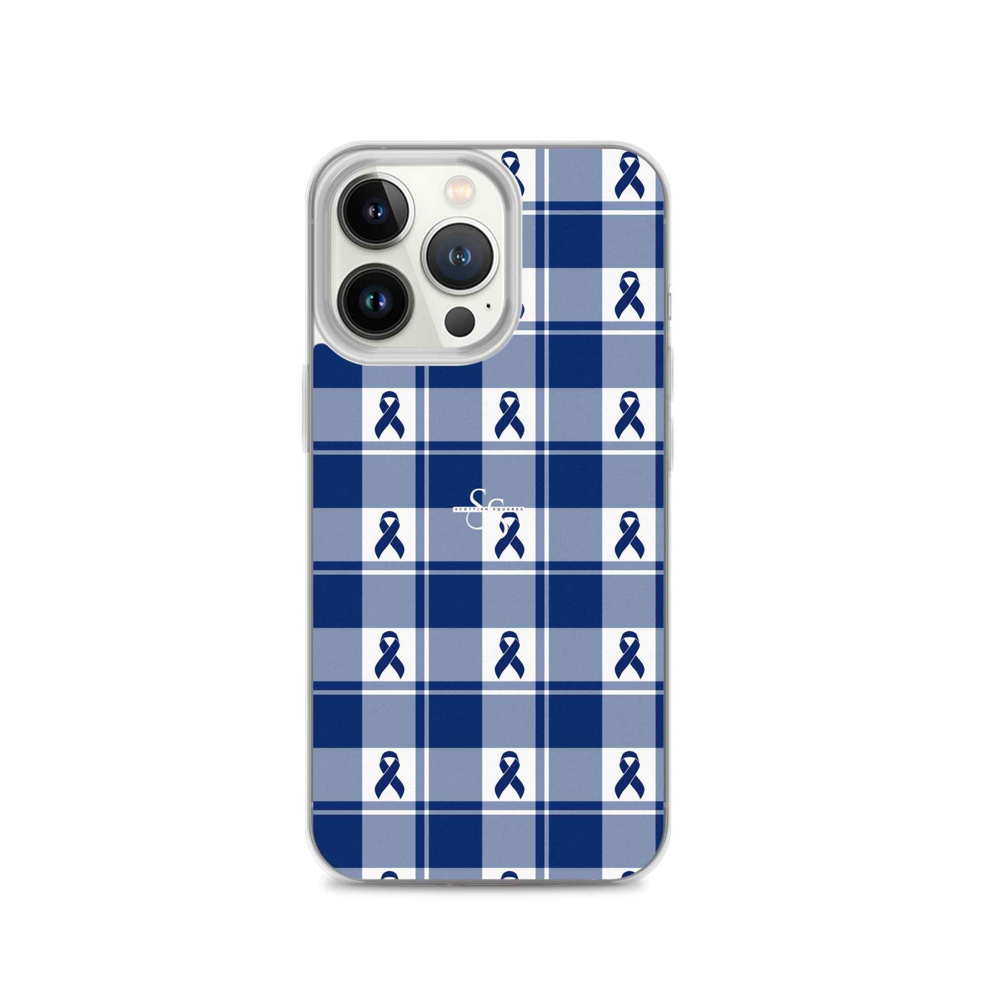 Clear Case for iPhone Colorectal Cancer Awareness Plaid, Dark Blue Ribbon, Supportive Gift iPhone 13 Pro - Scottish Squares