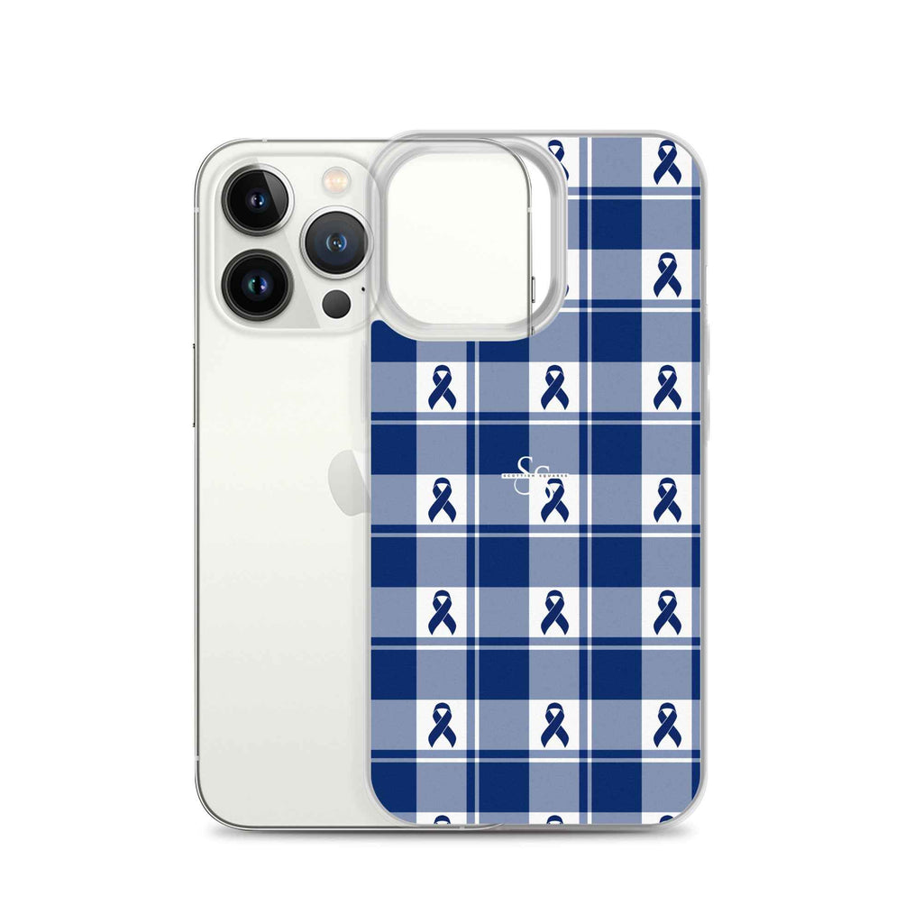 Clear Case for iPhone Colorectal Cancer Awareness Plaid, Dark Blue Ribbon, Supportive Gift - Scottish Squares