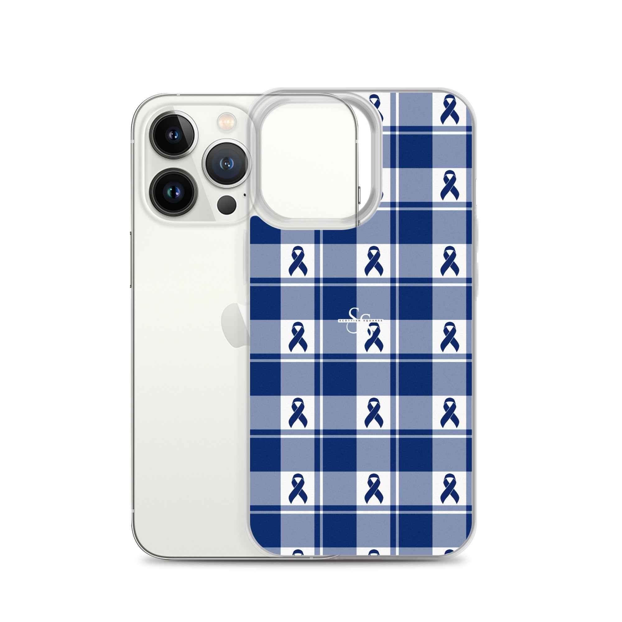 Clear Case for iPhone Colorectal Cancer Awareness Plaid, Dark Blue Ribbon, Supportive Gift - Scottish Squares