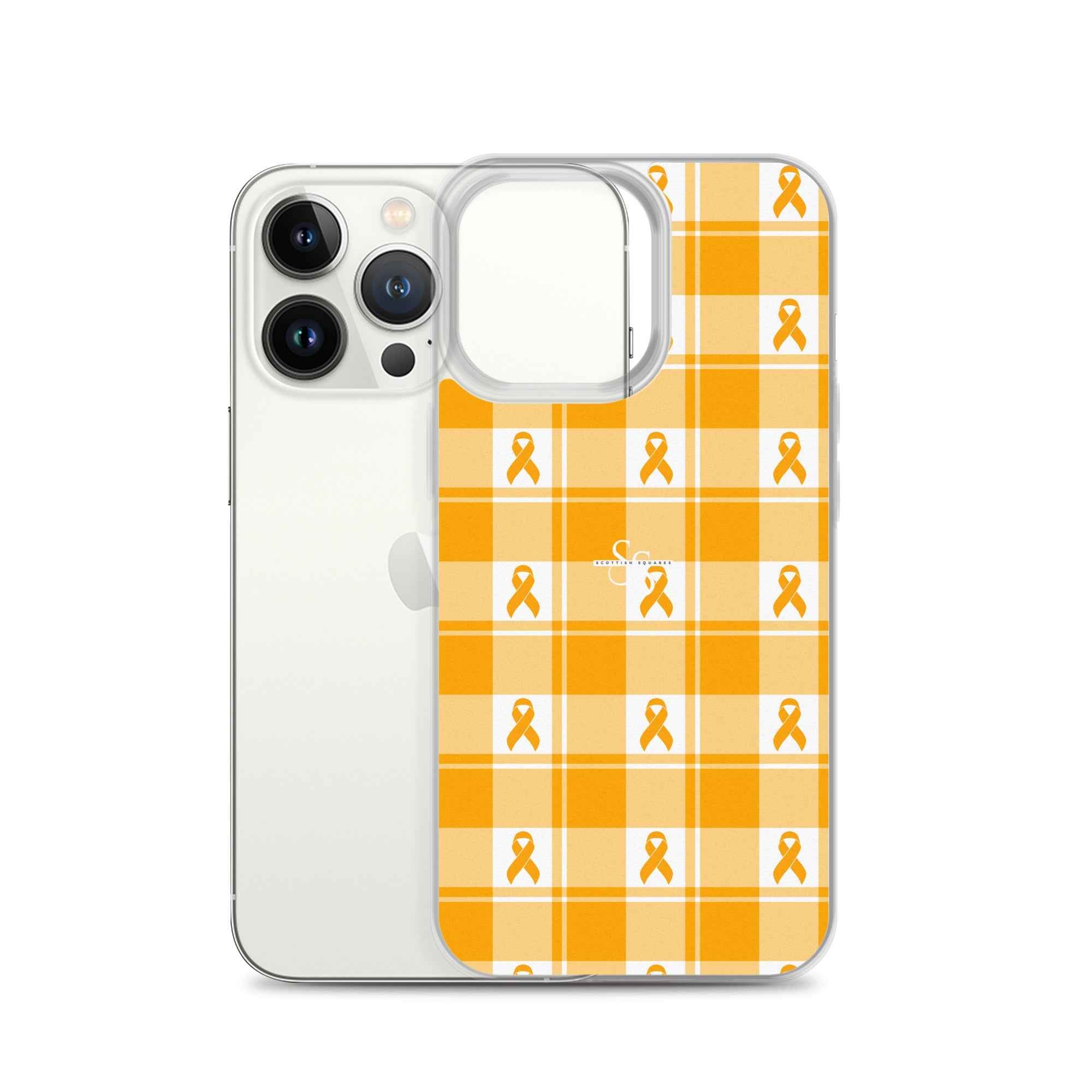 Clear Case for iPhone Kidney Cancer Awareness Plaid, Orange Ribbon, Supportive Gift - Scottish Squares