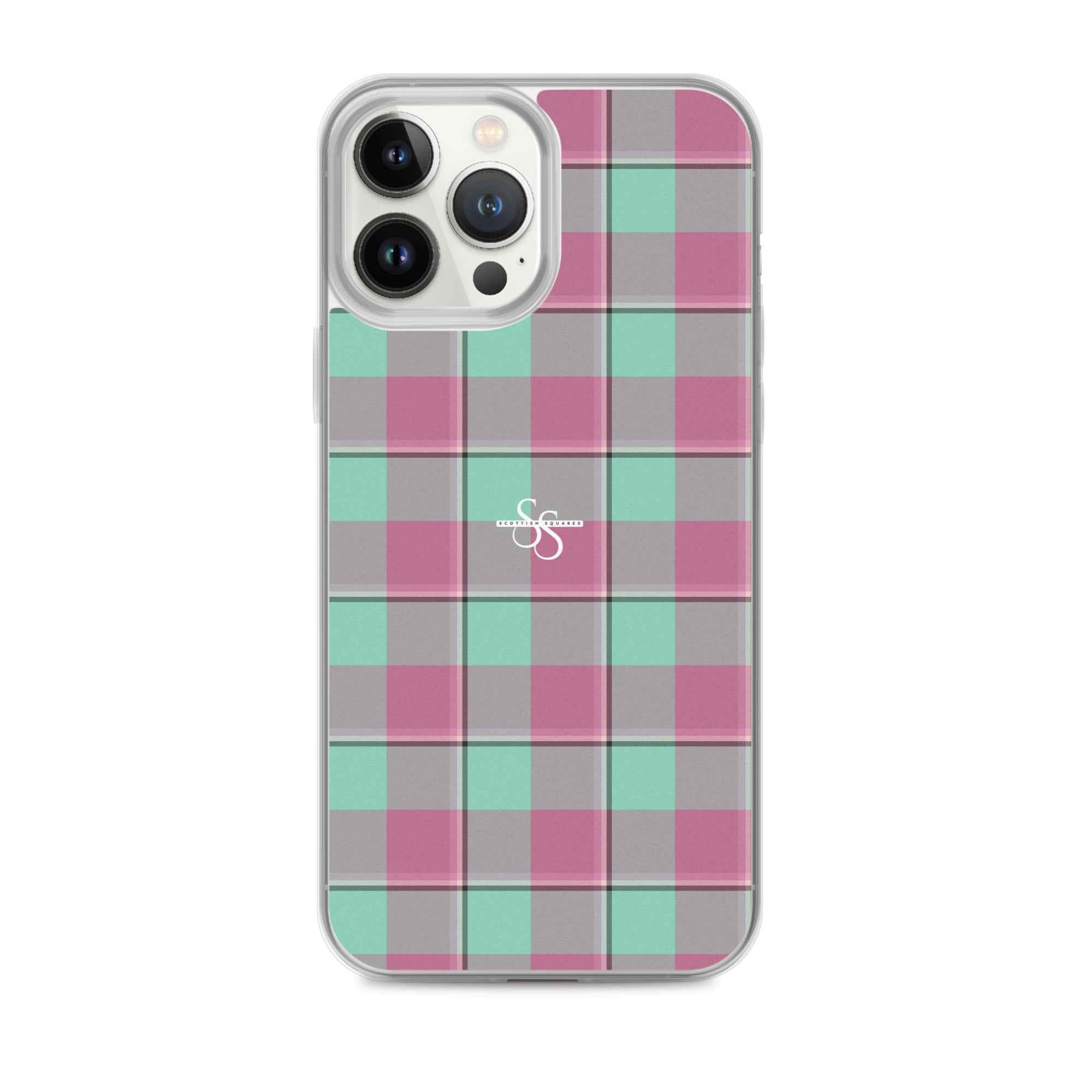 Clear Case for iPhone Vista Blue and Turkish Rose Plaid iPhone 13 Pro Max - Scottish Squares