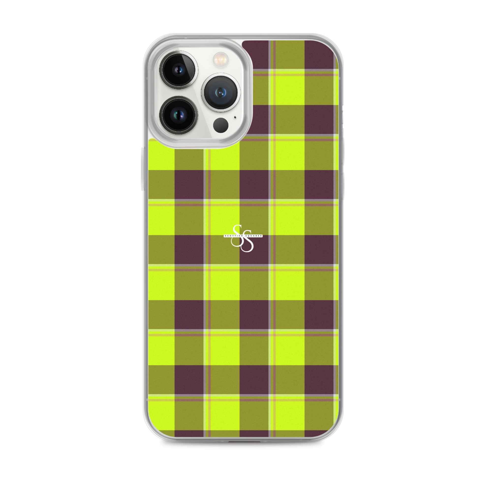 Clear Case for iPhone Electric Lime and Livid Brown Plaid iPhone 13 Pro Max - Scottish Squares