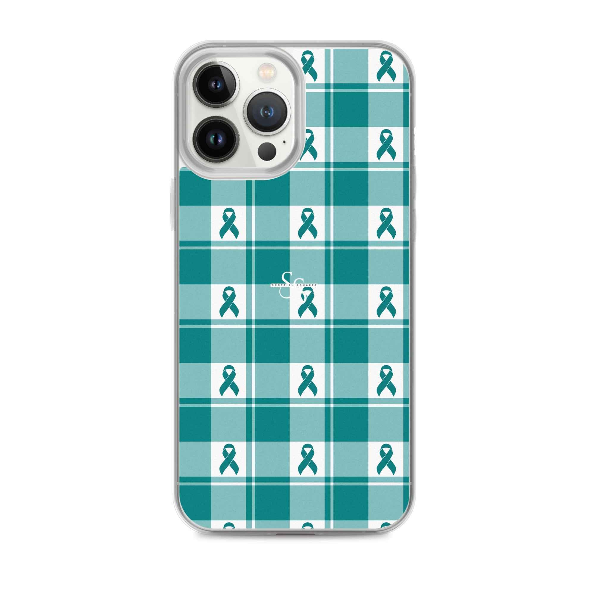 Clear Case for iPhone Cervical Cancer Awareness Plaid, Teal Ribbon, Supportive Gift iPhone 13 Pro Max - Scottish Squares