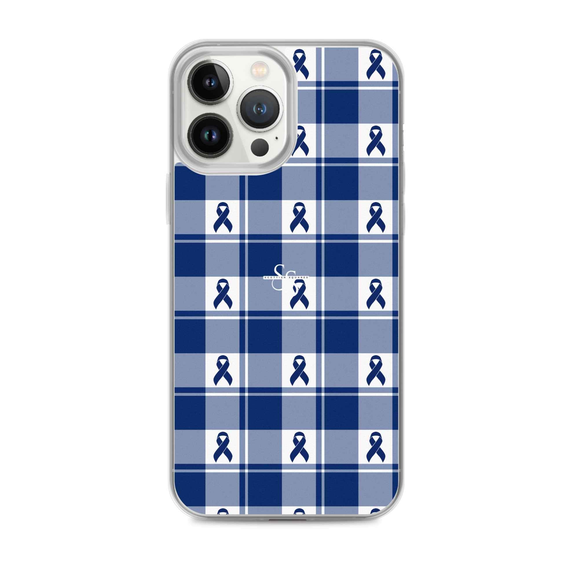 Clear Case for iPhone Colorectal Cancer Awareness Plaid, Dark Blue Ribbon, Supportive Gift iPhone 13 Pro Max - Scottish Squares