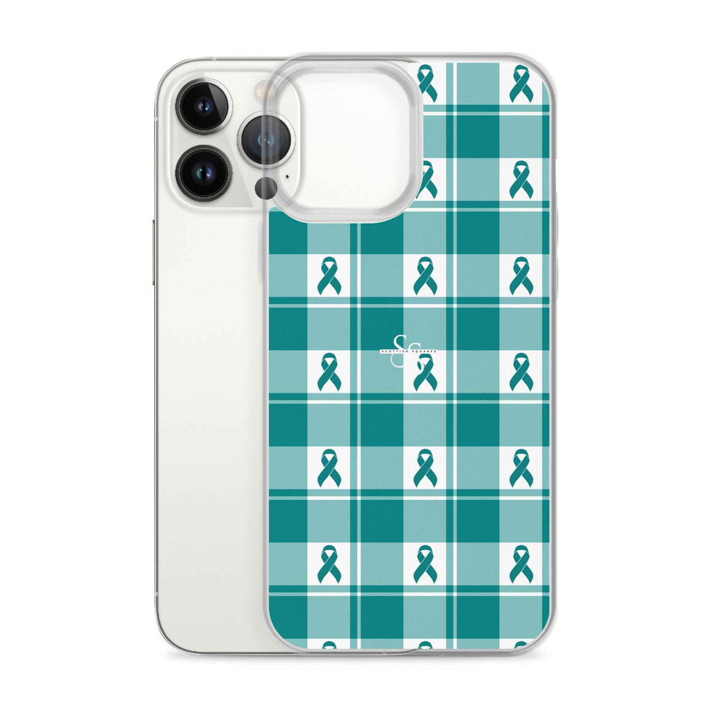 Clear Case for iPhone Cervical Cancer Awareness Plaid, Teal Ribbon, Supportive Gift - Scottish Squares