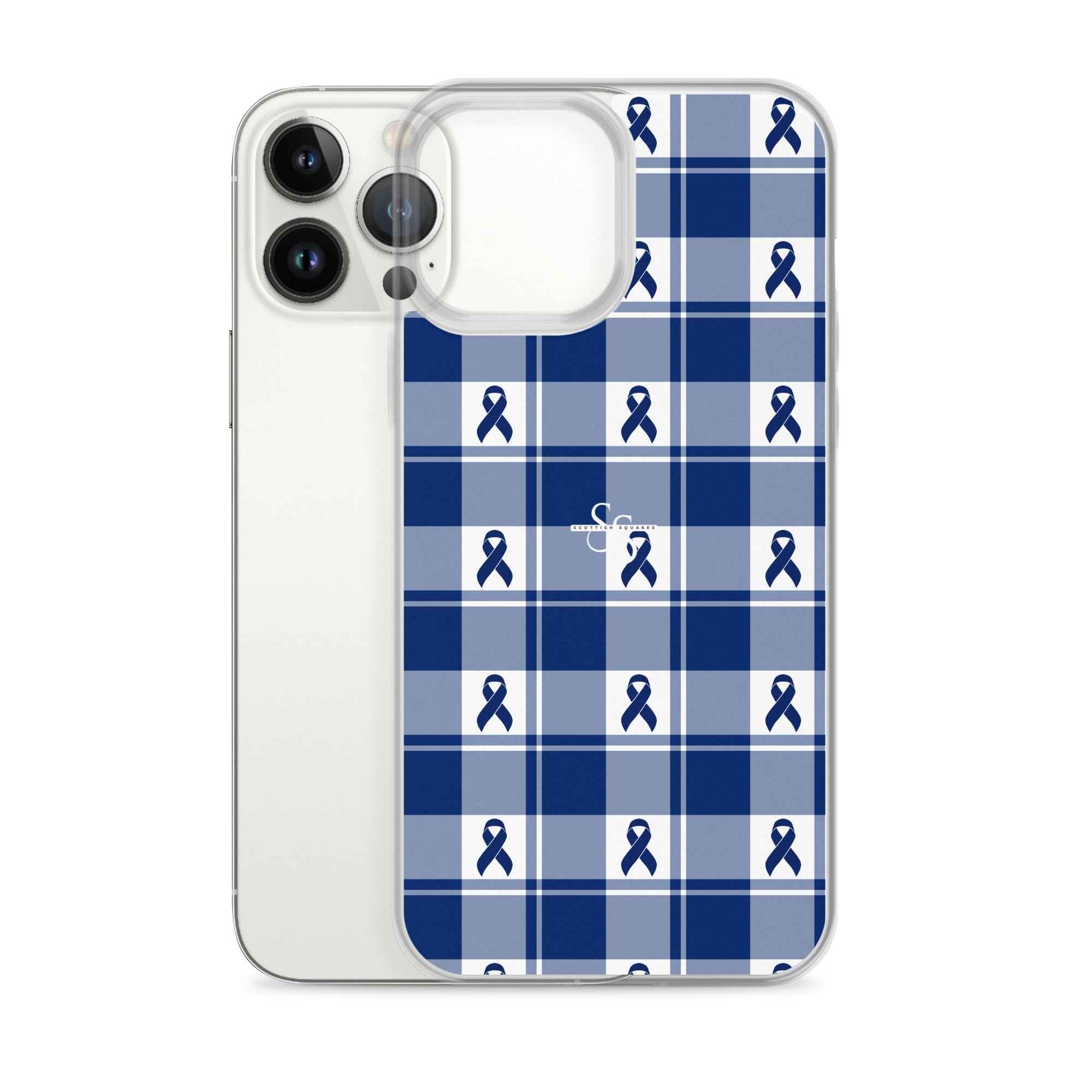 Clear Case for iPhone Colorectal Cancer Awareness Plaid, Dark Blue Ribbon, Supportive Gift - Scottish Squares