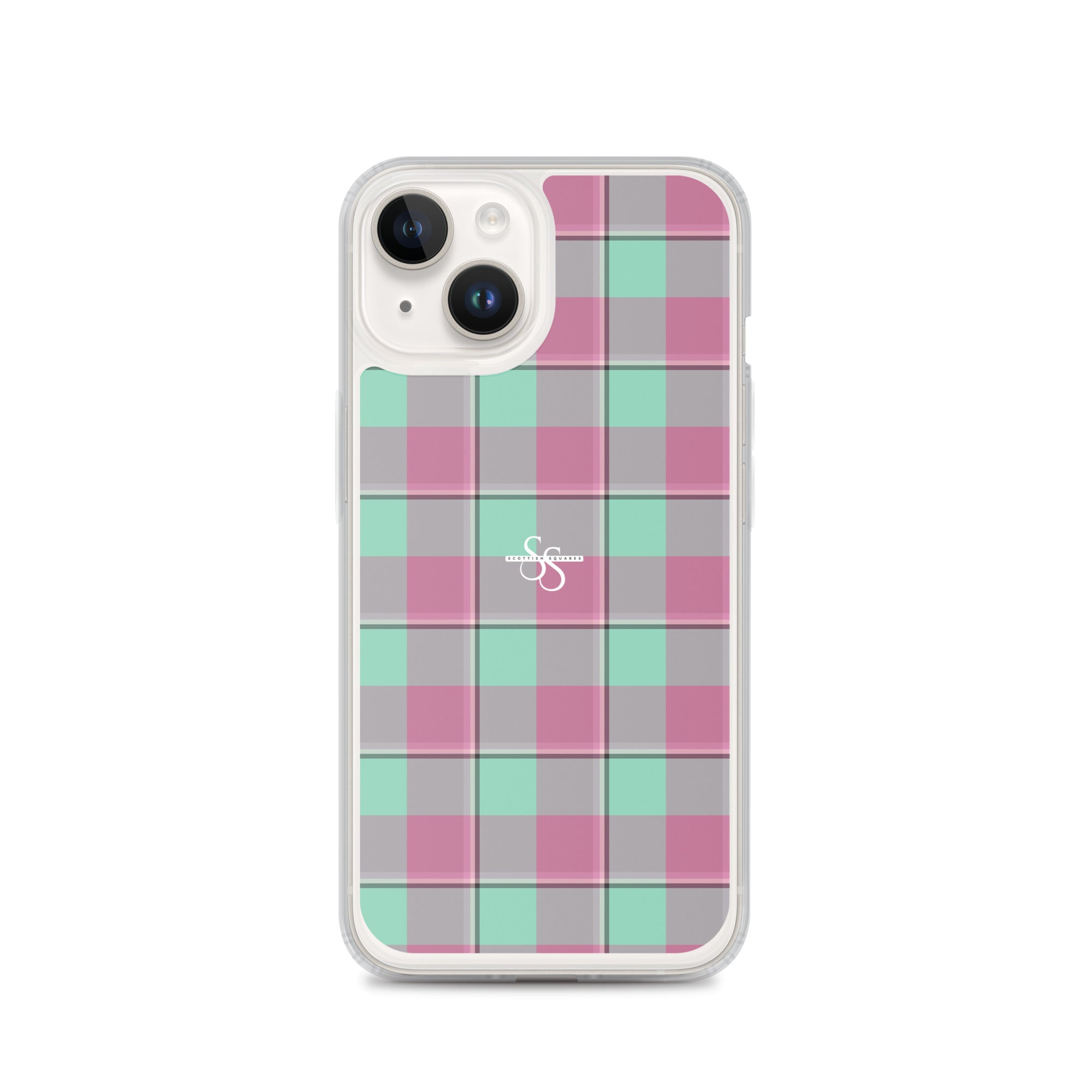 Clear Case for iPhone Vista Blue and Turkish Rose Plaid iPhone 14 - Scottish Squares