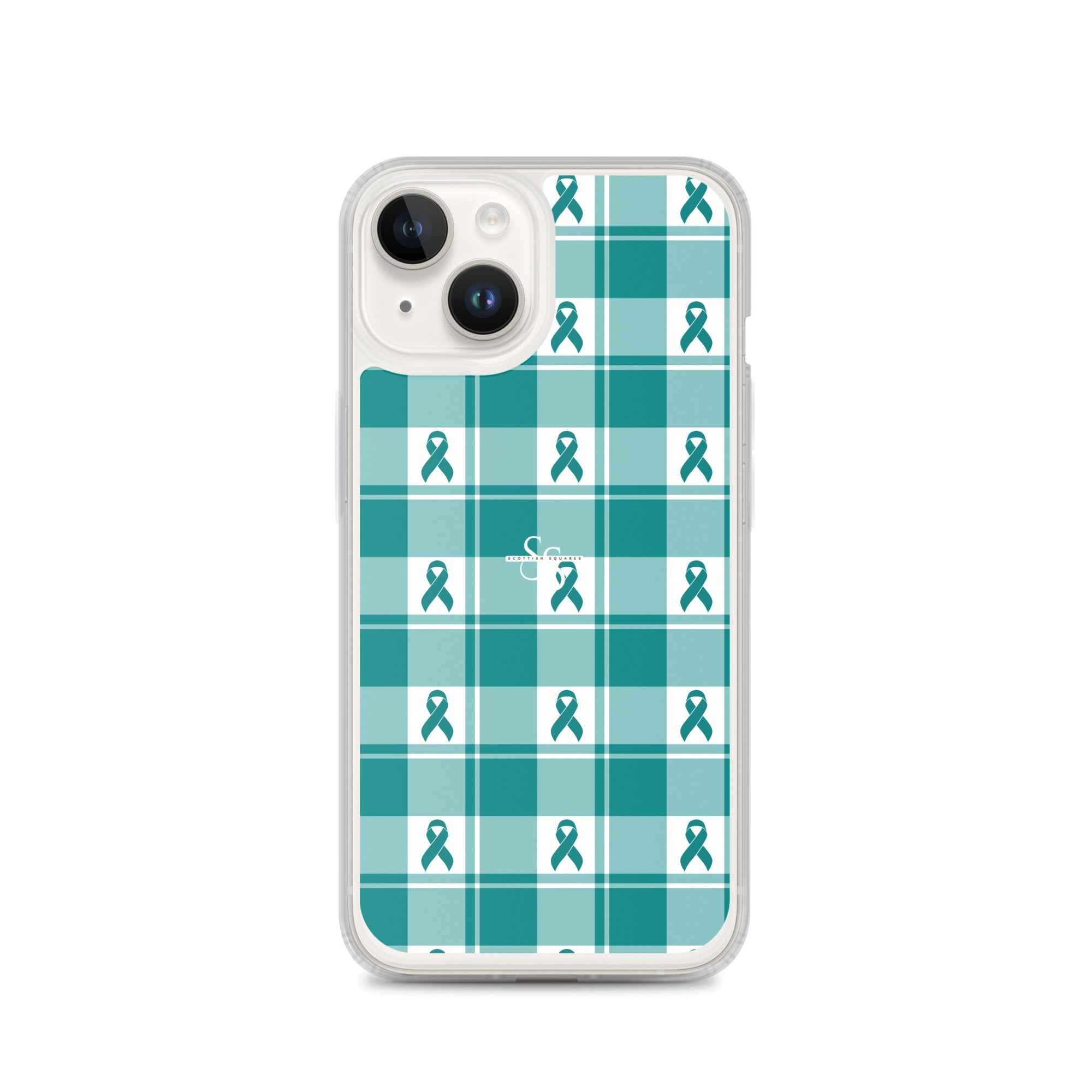 Clear Case for iPhone Cervical Cancer Awareness Plaid, Teal Ribbon, Supportive Gift iPhone 14 - Scottish Squares