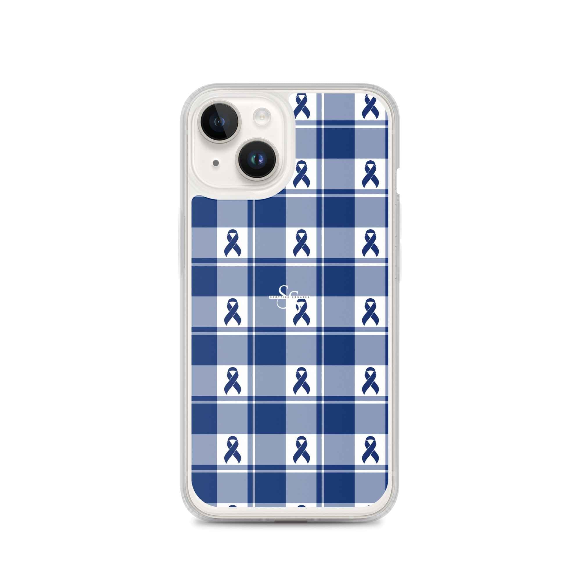 Clear Case for iPhone Colorectal Cancer Awareness Plaid, Dark Blue Ribbon, Supportive Gift iPhone 14 - Scottish Squares
