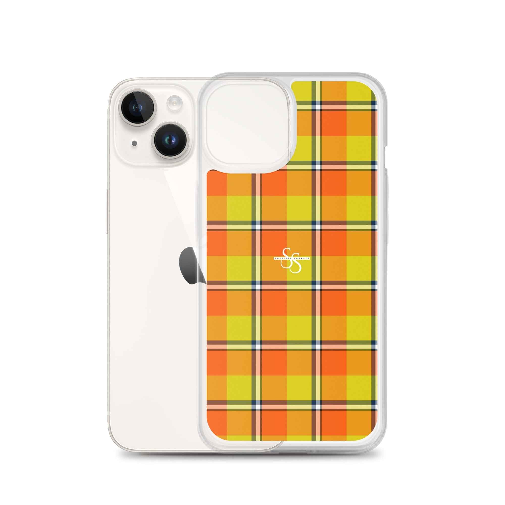 Clear Case for iPhone Blaze Orange and Bird Flower Plaid - Scottish Squares