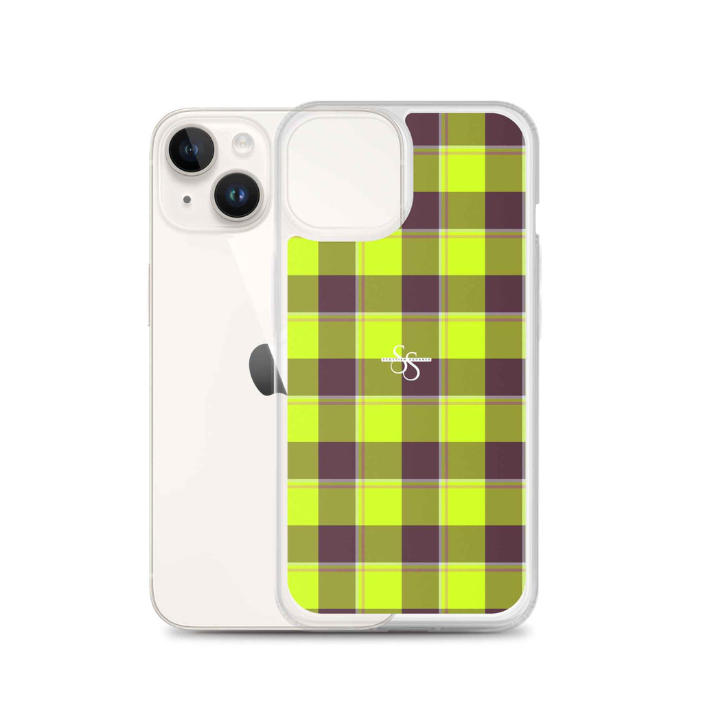 Clear Case for iPhone Electric Lime and Livid Brown Plaid - Scottish Squares