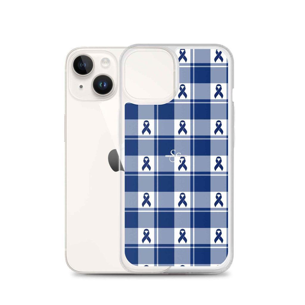 Clear Case for iPhone Colorectal Cancer Awareness Plaid, Dark Blue Ribbon, Supportive Gift - Scottish Squares