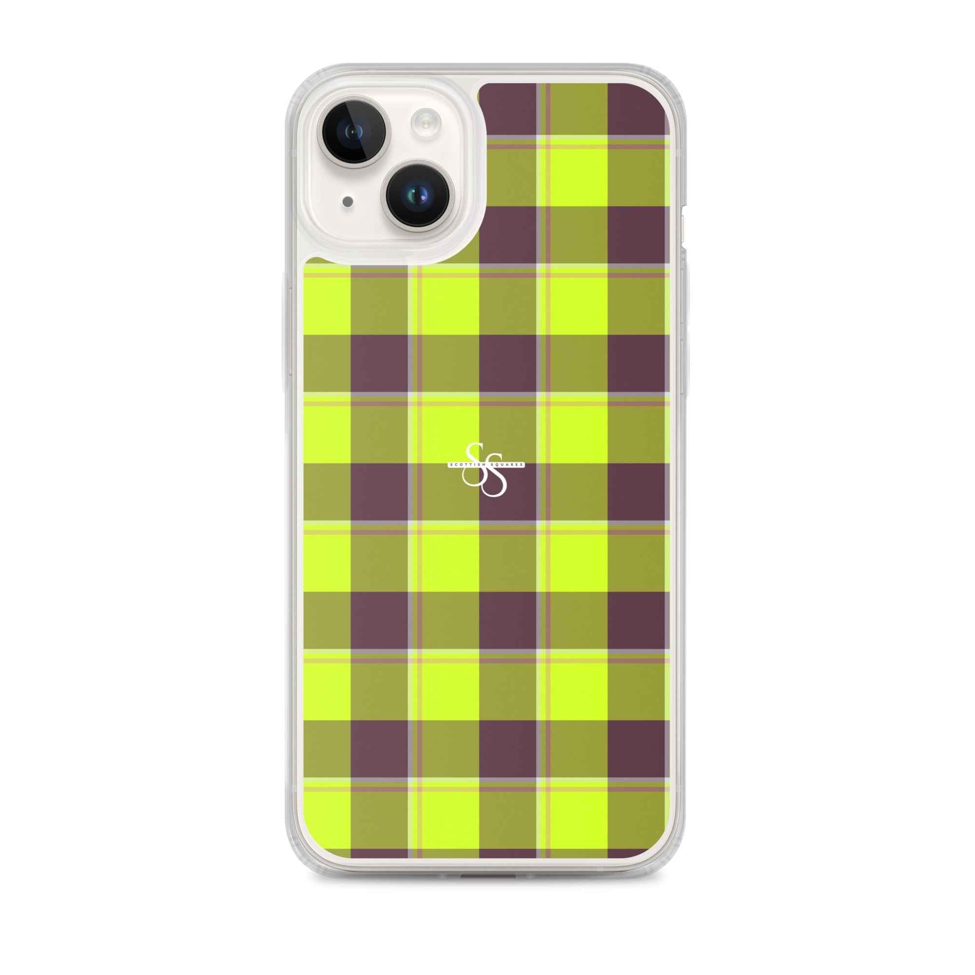 Clear Case for iPhone Electric Lime and Livid Brown Plaid iPhone 14 Plus - Scottish Squares
