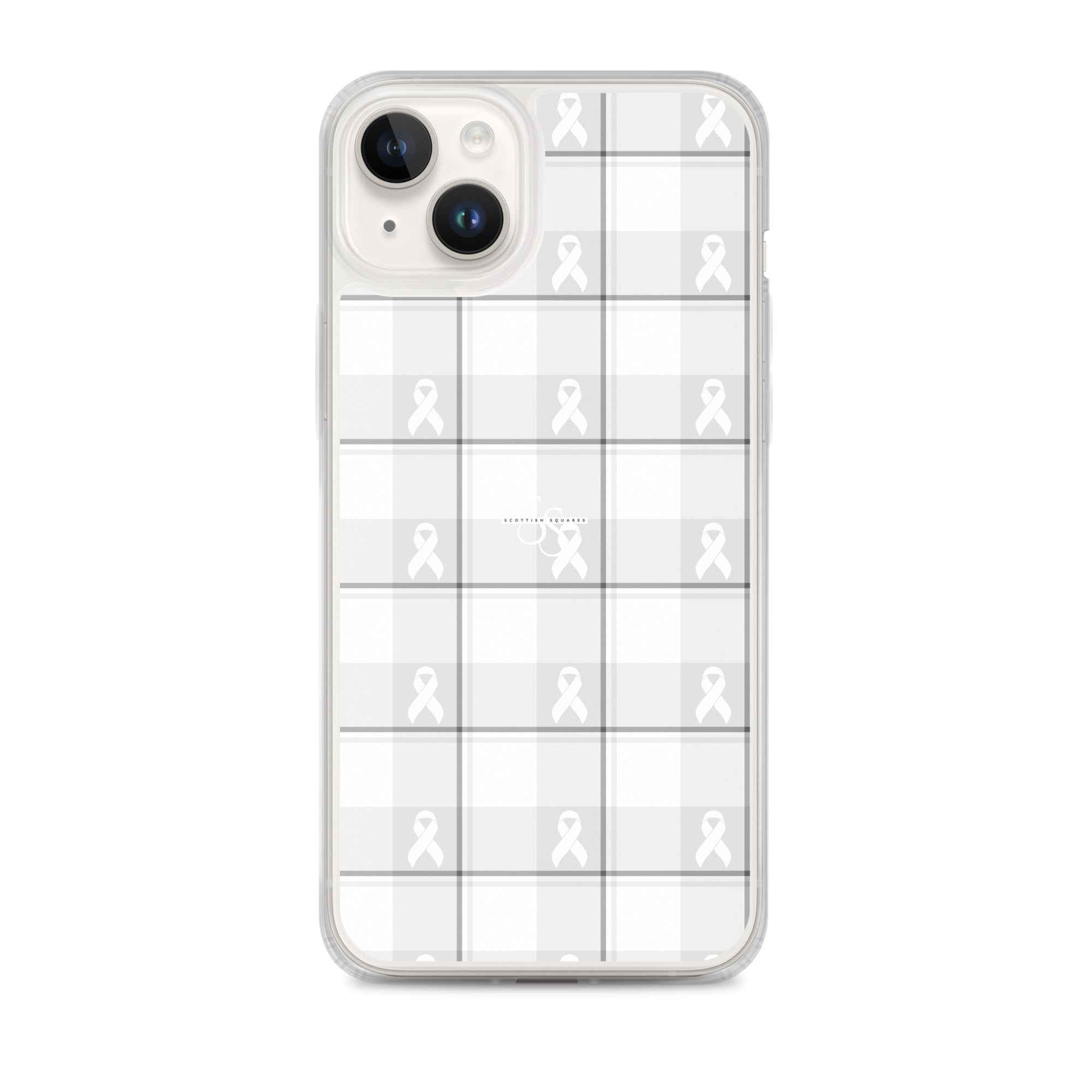 Clear Case for iPhone Lung Cancer Awareness Plaid, White Ribbon, Supportive Gift iPhone 14 Plus - Scottish Squares
