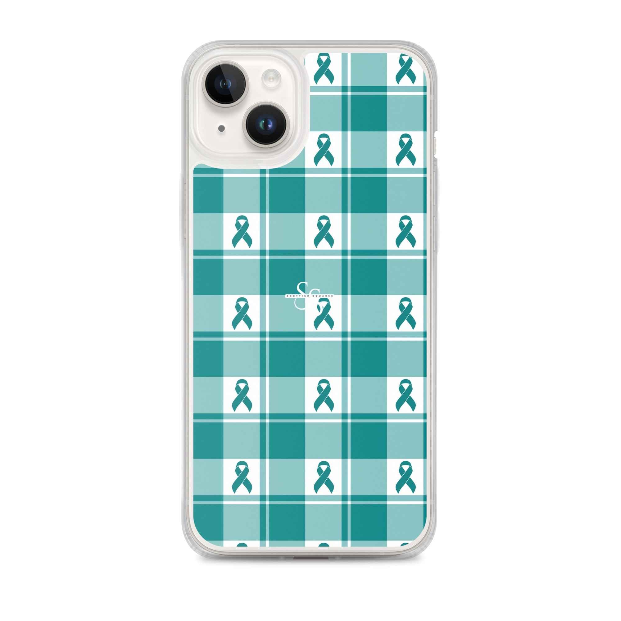 Clear Case for iPhone Cervical Cancer Awareness Plaid, Teal Ribbon, Supportive Gift iPhone 14 Plus - Scottish Squares