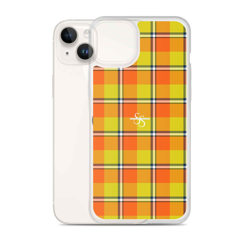 Clear Case for iPhone Blaze Orange and Bird Flower Plaid - Scottish Squares