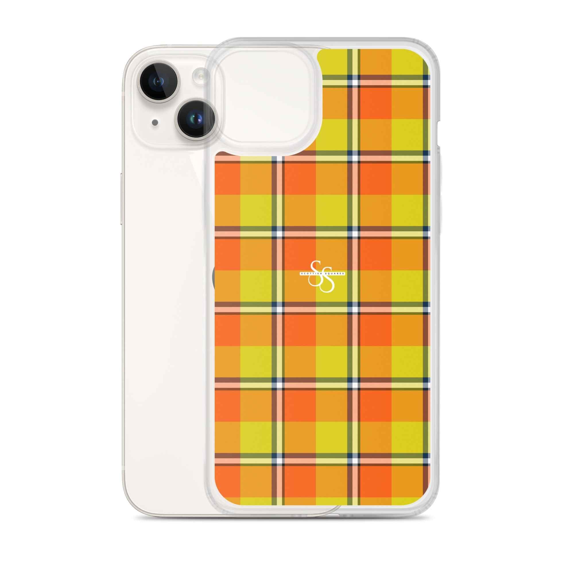Clear Case for iPhone Blaze Orange and Bird Flower Plaid - Scottish Squares