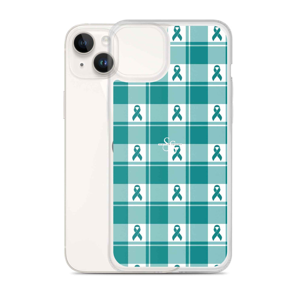 Clear Case for iPhone Cervical Cancer Awareness Plaid, Teal Ribbon, Supportive Gift - Scottish Squares