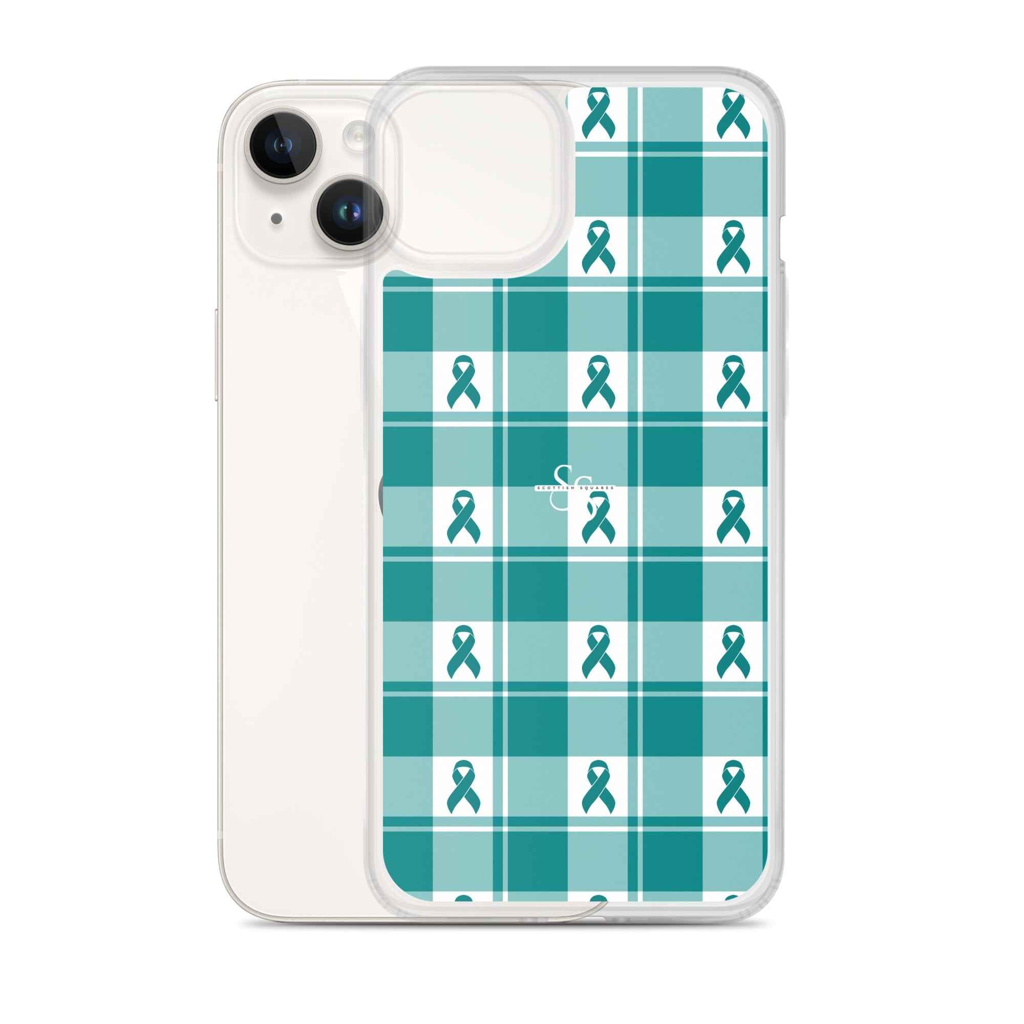 Clear Case for iPhone Cervical Cancer Awareness Plaid, Teal Ribbon, Supportive Gift - Scottish Squares
