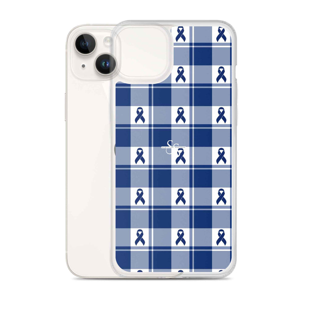 Clear Case for iPhone Colorectal Cancer Awareness Plaid, Dark Blue Ribbon, Supportive Gift - Scottish Squares