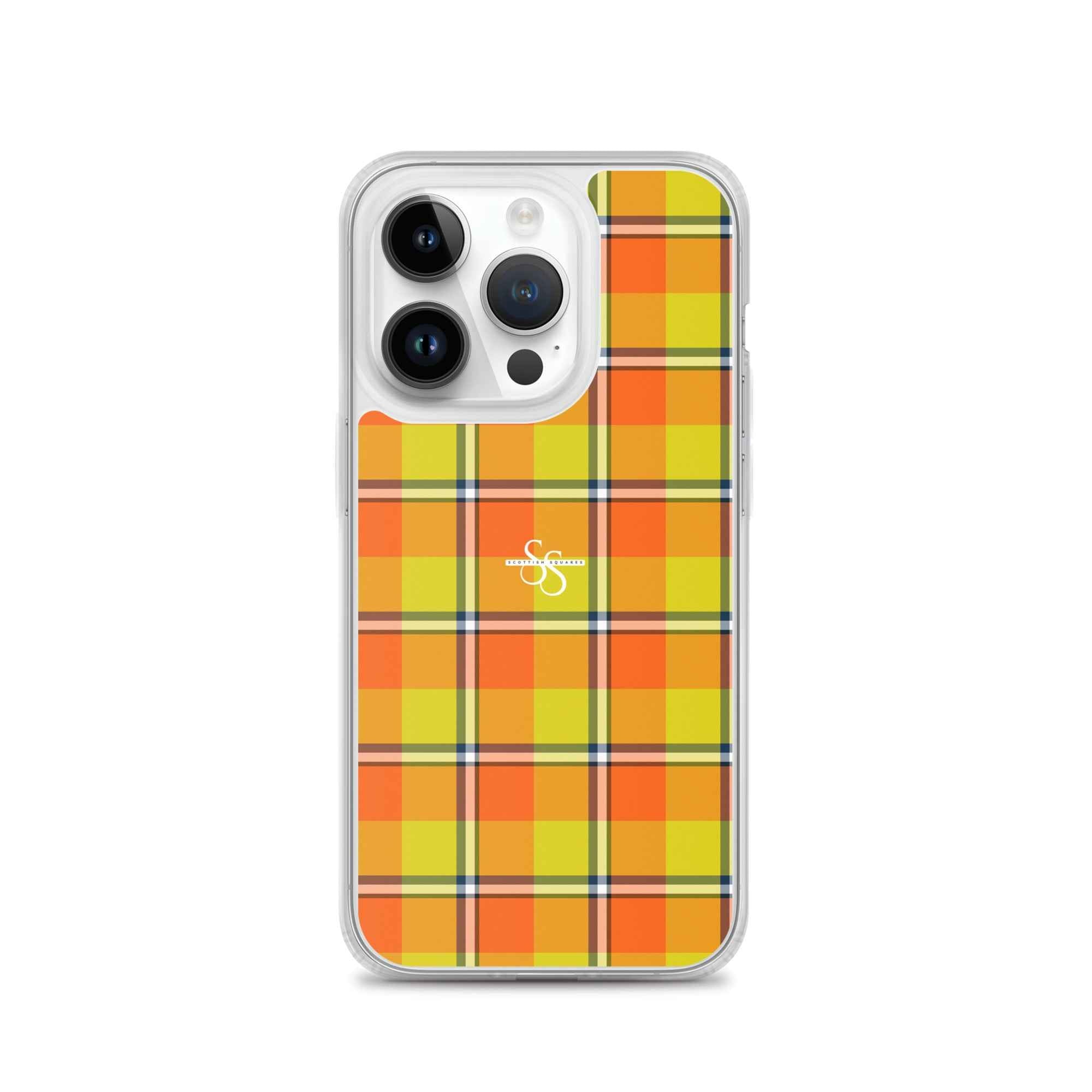 Clear Case for iPhone Blaze Orange and Bird Flower Plaid iPhone 14 Pro - Scottish Squares