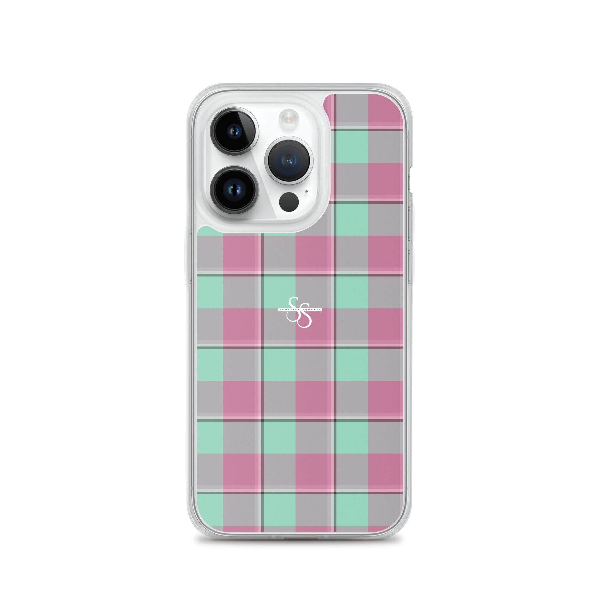 Clear Case for iPhone Vista Blue and Turkish Rose Plaid iPhone 14 Pro - Scottish Squares