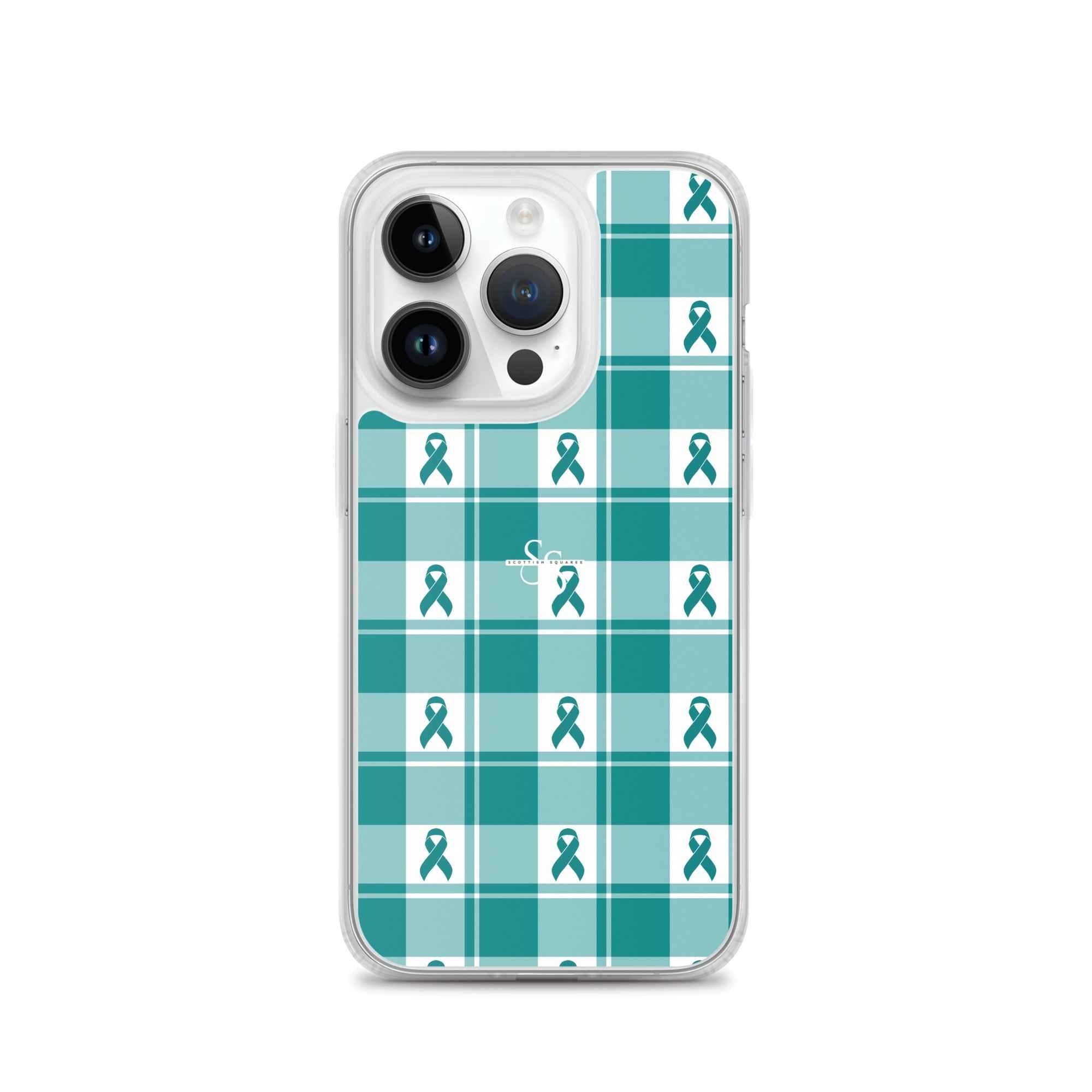 Clear Case for iPhone Cervical Cancer Awareness Plaid, Teal Ribbon, Supportive Gift iPhone 14 Pro - Scottish Squares