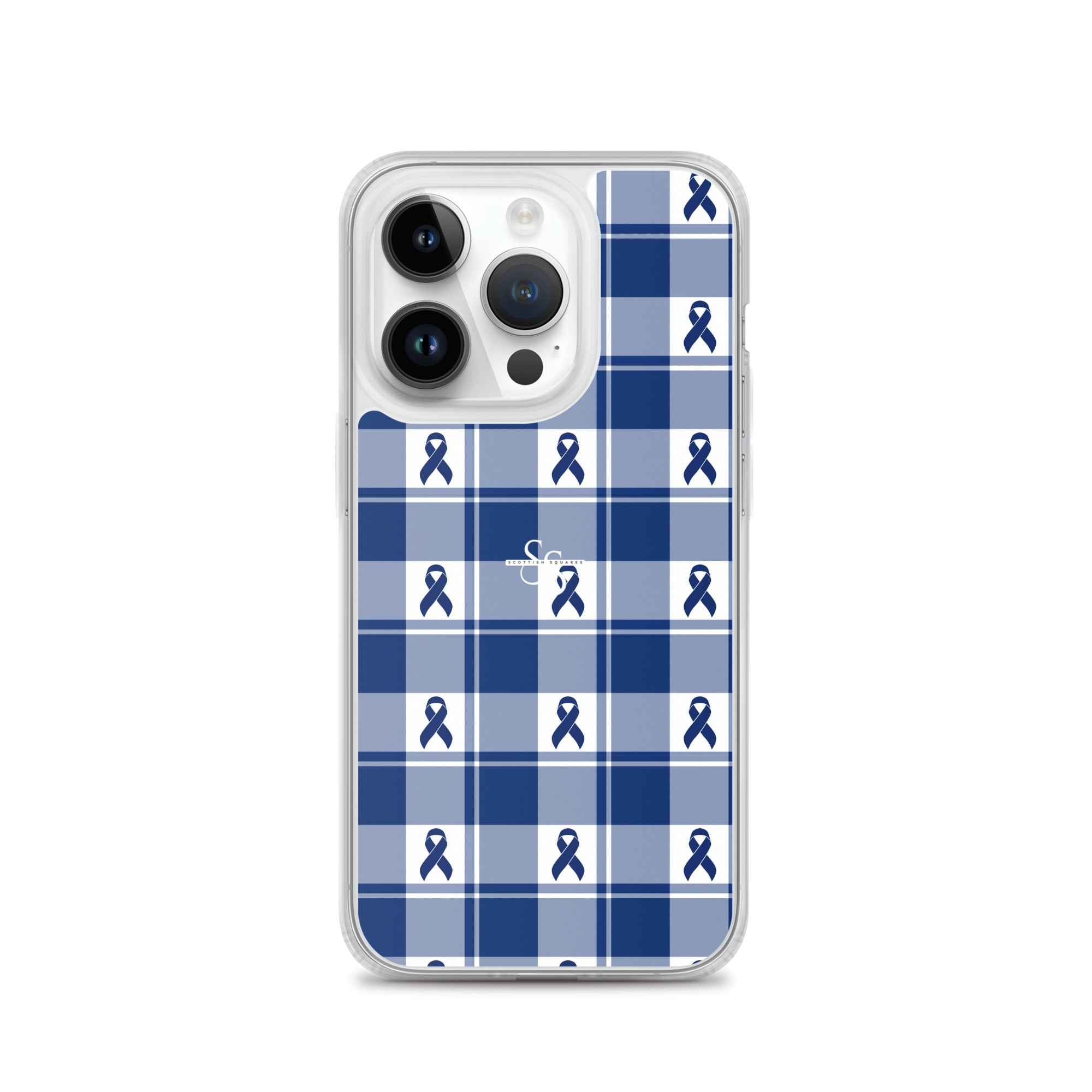 Clear Case for iPhone Colorectal Cancer Awareness Plaid, Dark Blue Ribbon, Supportive Gift iPhone 14 Pro - Scottish Squares