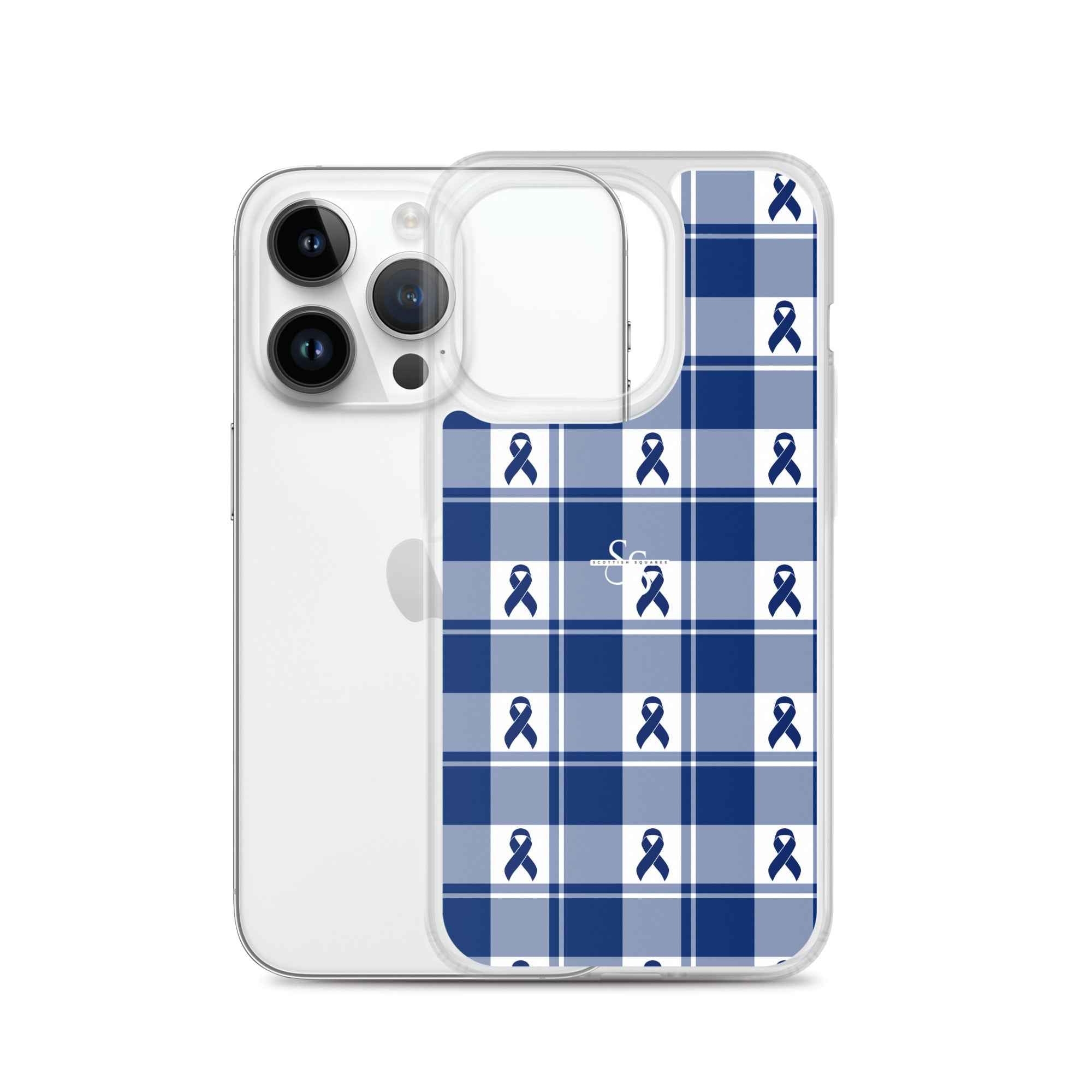 Clear Case for iPhone Colorectal Cancer Awareness Plaid, Dark Blue Ribbon, Supportive Gift - Scottish Squares