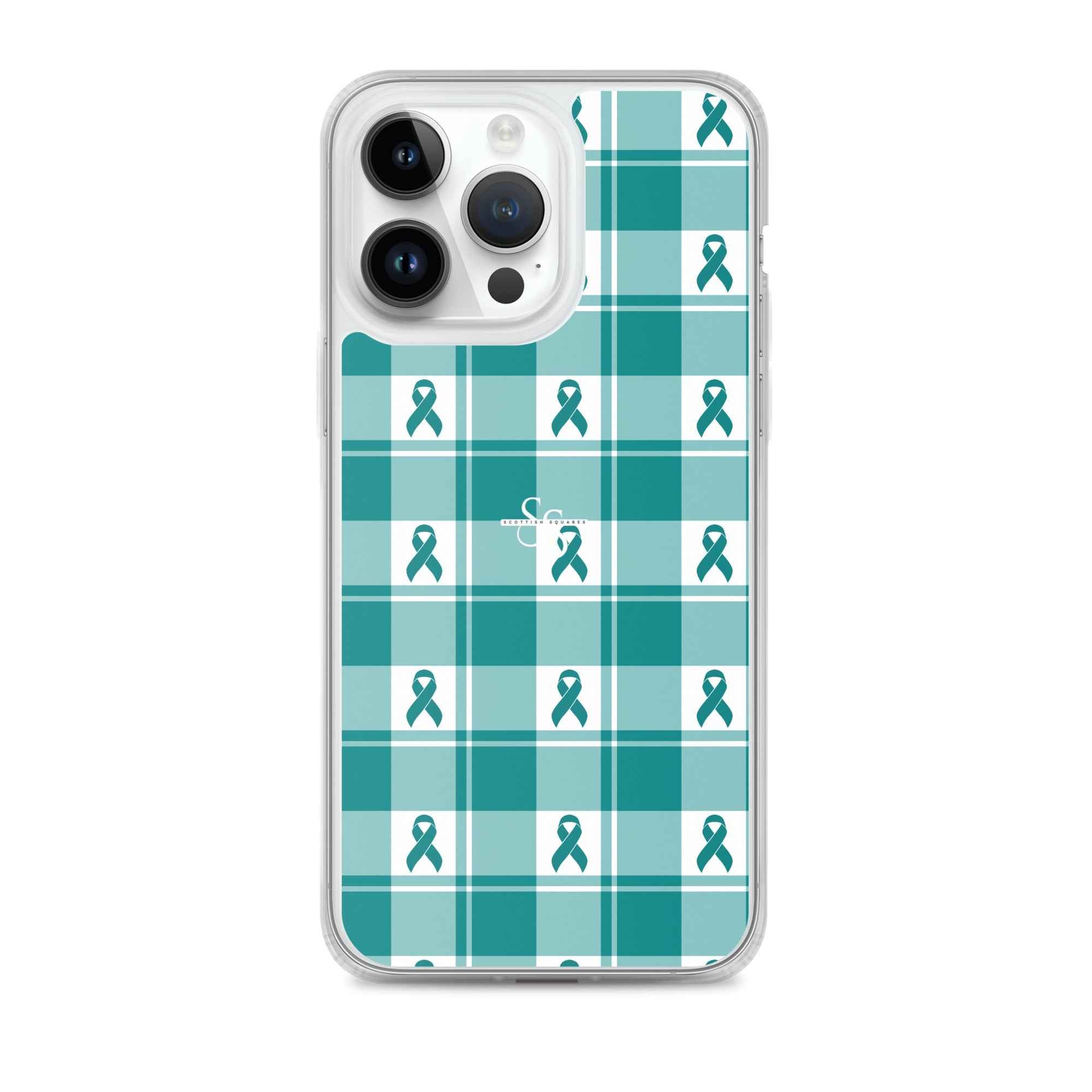 Clear Case for iPhone Cervical Cancer Awareness Plaid, Teal Ribbon, Supportive Gift iPhone 14 Pro Max - Scottish Squares