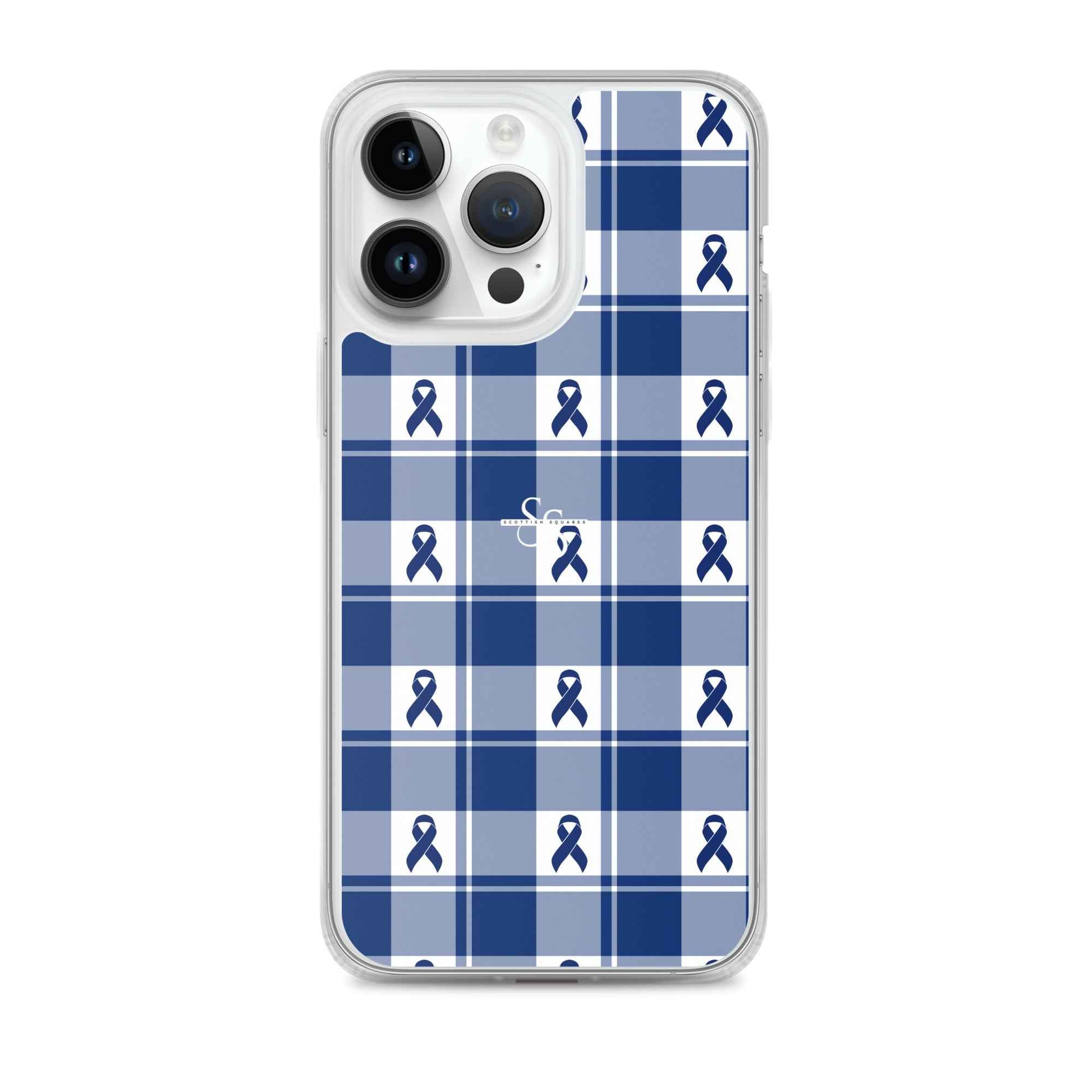 Clear Case for iPhone Colorectal Cancer Awareness Plaid, Dark Blue Ribbon, Supportive Gift iPhone 14 Pro Max - Scottish Squares