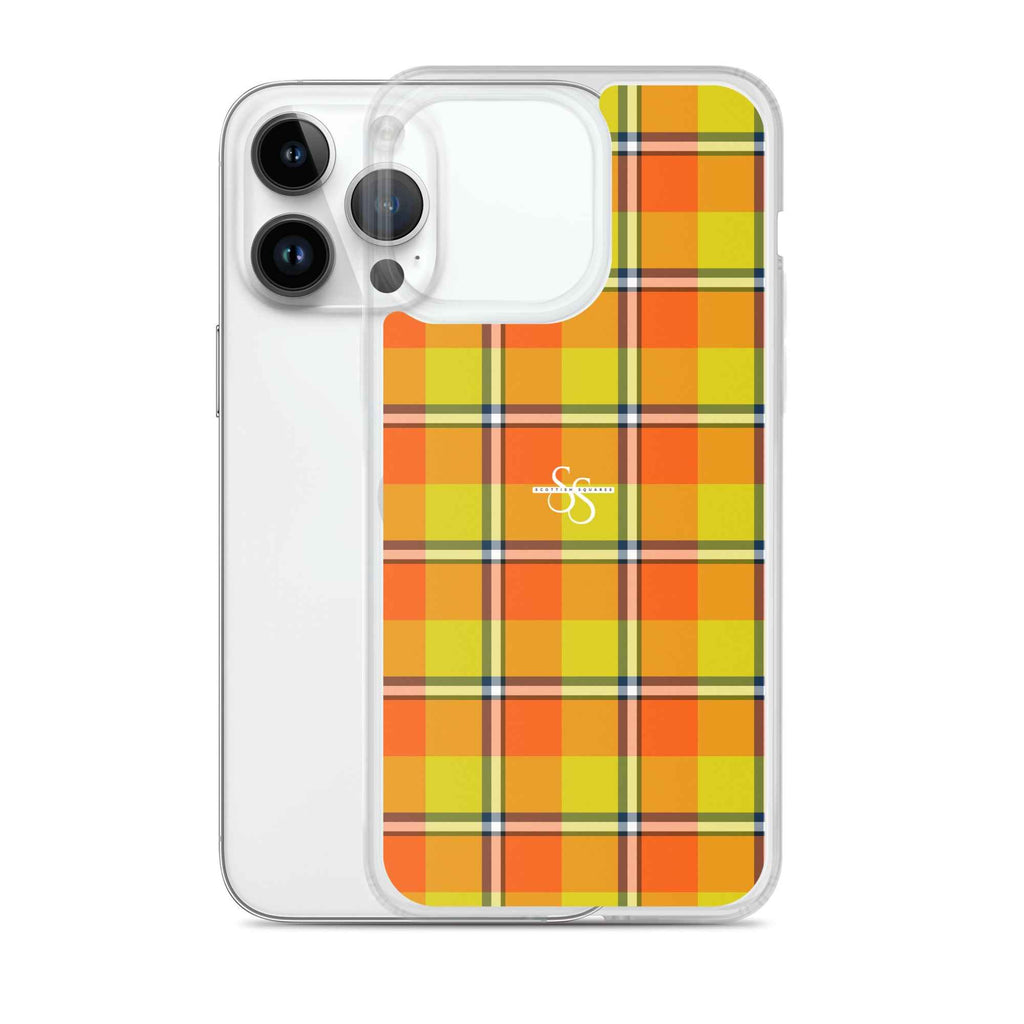 Clear Case for iPhone Blaze Orange and Bird Flower Plaid - Scottish Squares