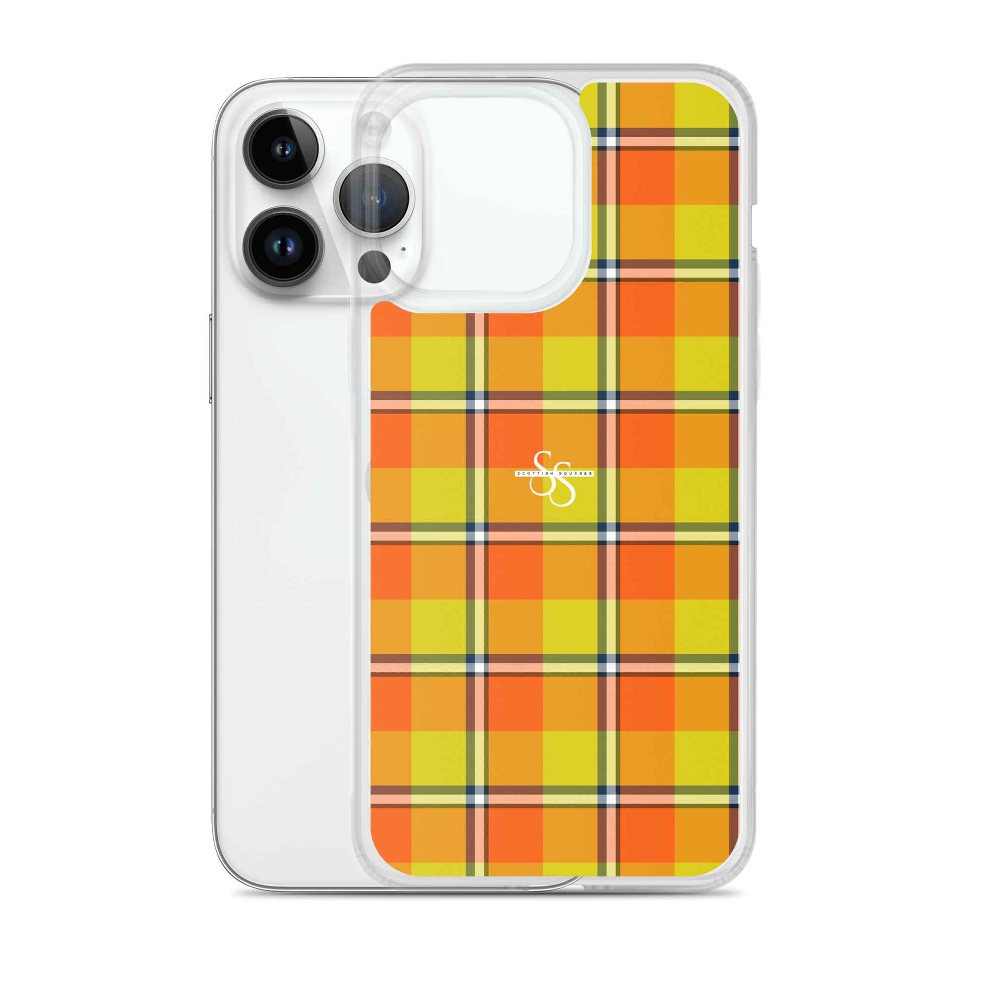 Clear Case for iPhone Blaze Orange and Bird Flower Plaid - Scottish Squares