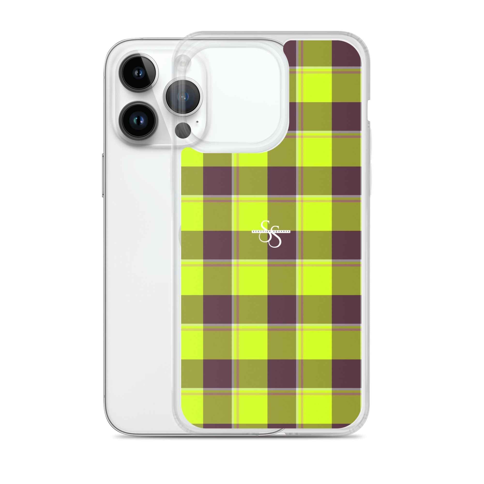 Clear Case for iPhone Electric Lime and Livid Brown Plaid - Scottish Squares