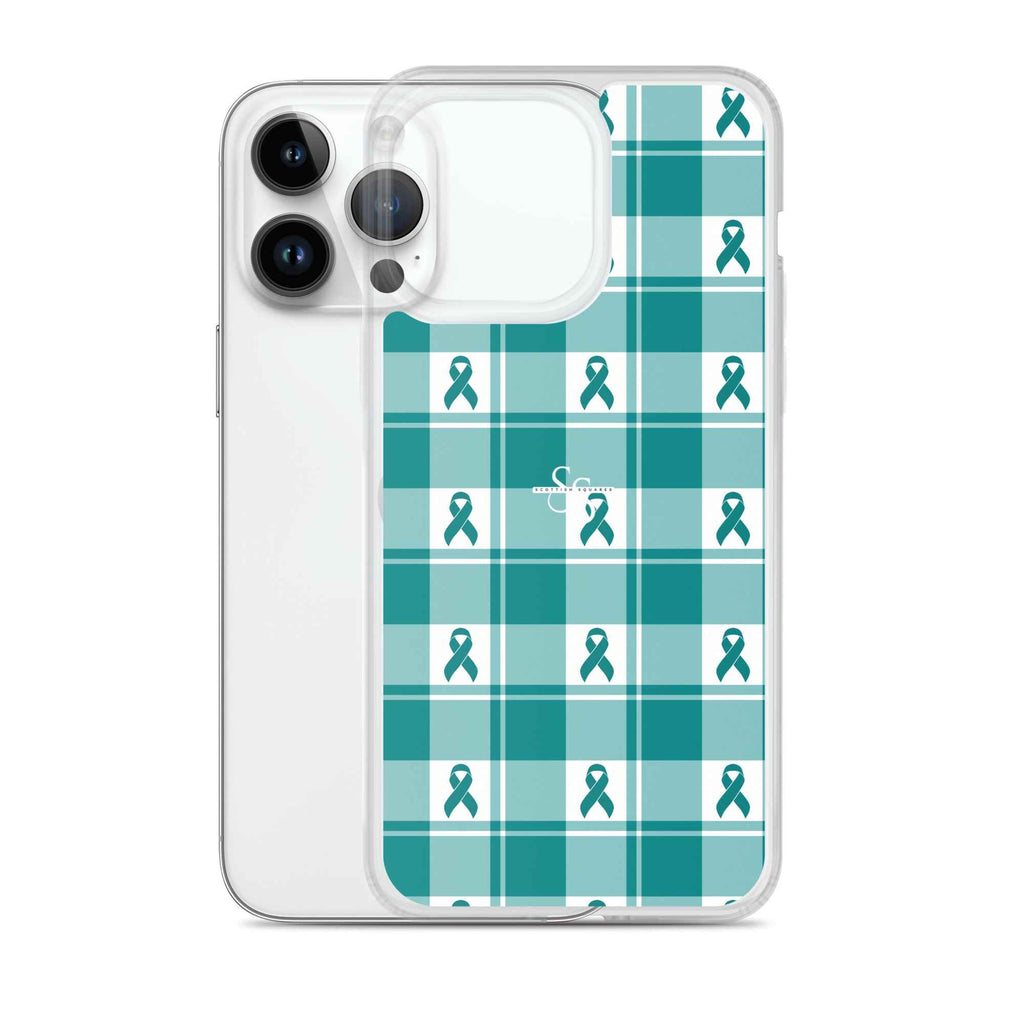 Clear Case for iPhone Cervical Cancer Awareness Plaid, Teal Ribbon, Supportive Gift - Scottish Squares