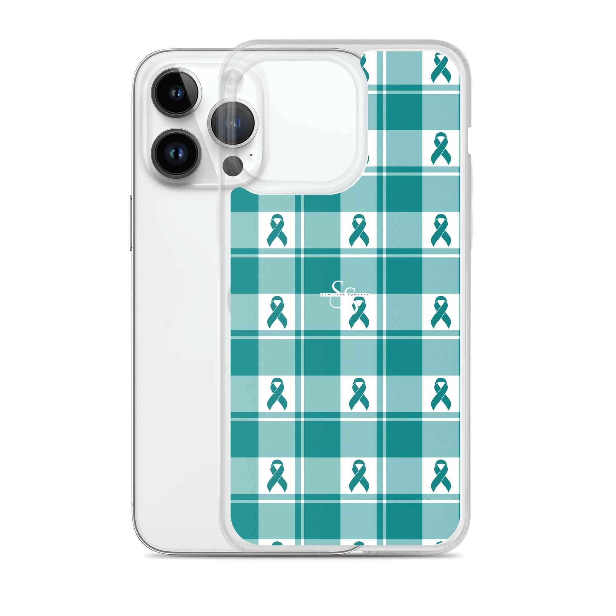 Clear Case for iPhone Cervical Cancer Awareness Plaid, Teal Ribbon, Supportive Gift - Scottish Squares