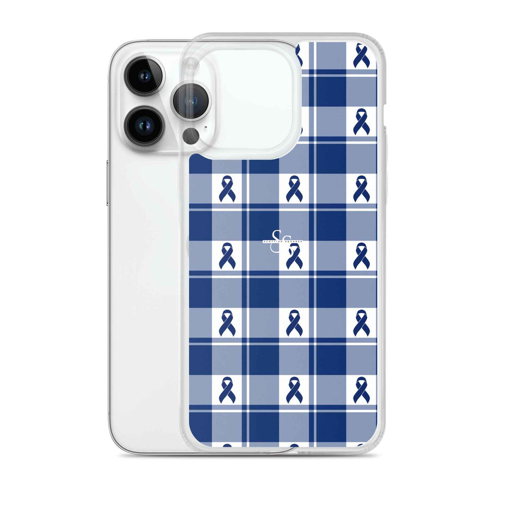 Clear Case for iPhone Colorectal Cancer Awareness Plaid, Dark Blue Ribbon, Supportive Gift - Scottish Squares