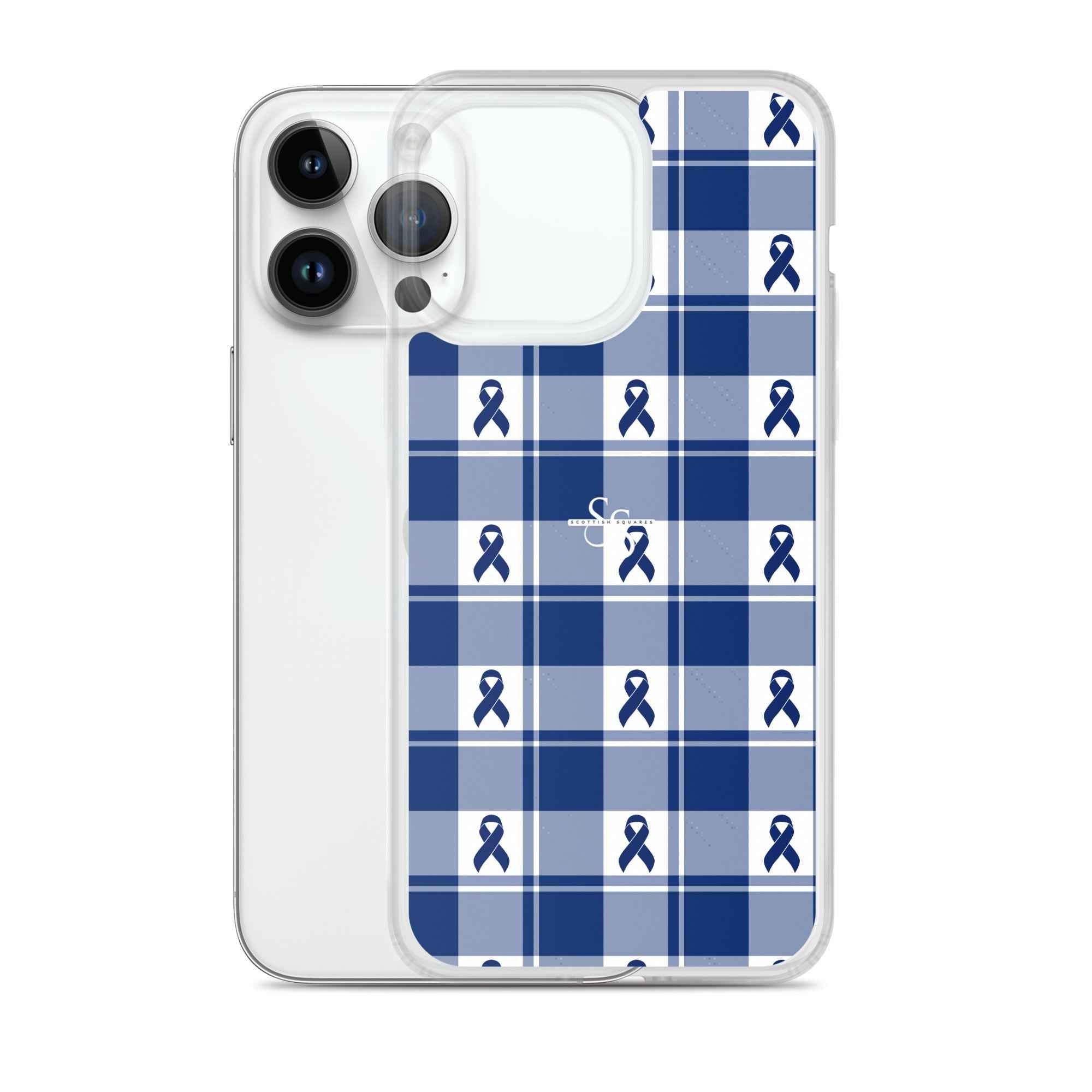 Clear Case for iPhone Colorectal Cancer Awareness Plaid, Dark Blue Ribbon, Supportive Gift - Scottish Squares