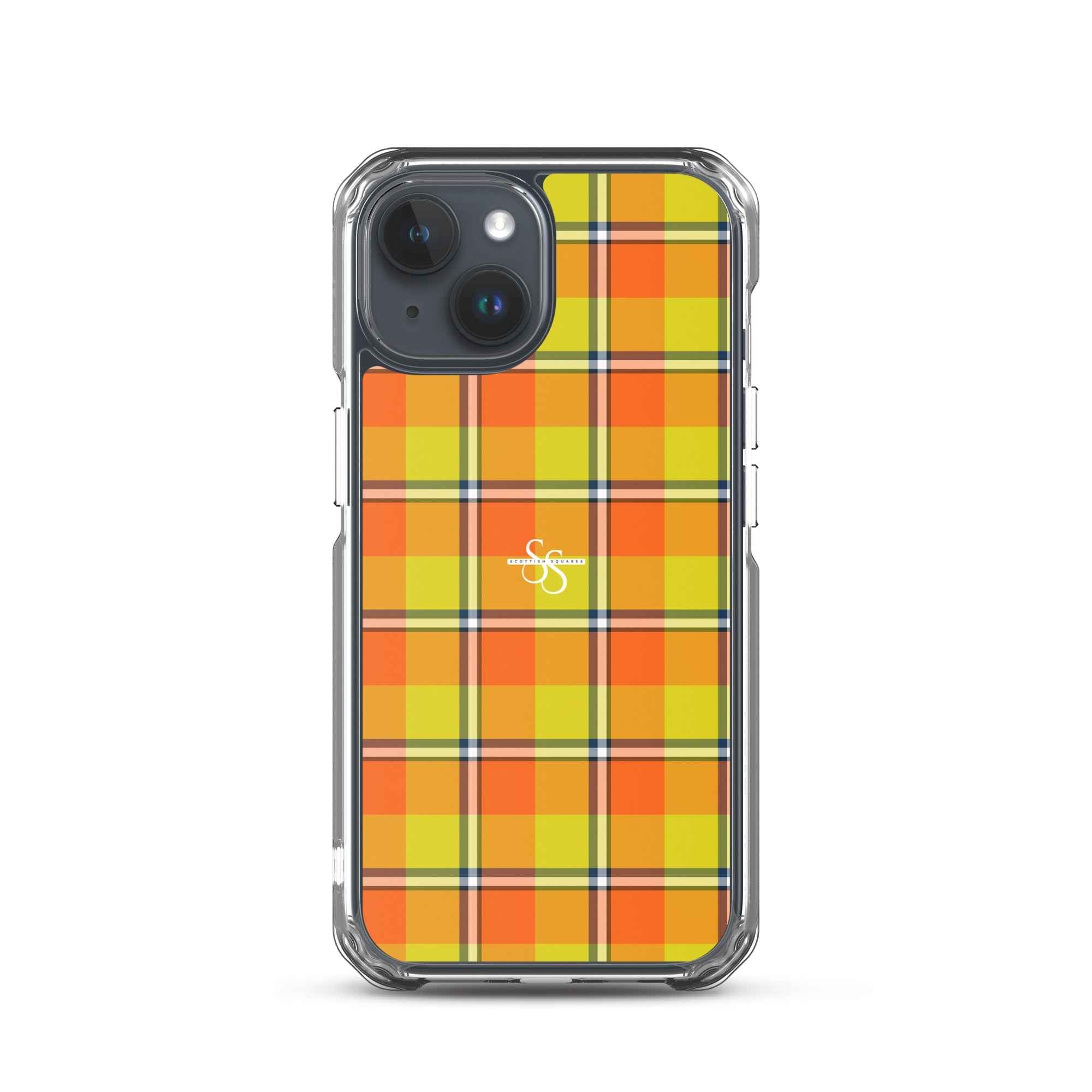 Clear Case for iPhone Blaze Orange and Bird Flower Plaid iPhone 15 - Scottish Squares