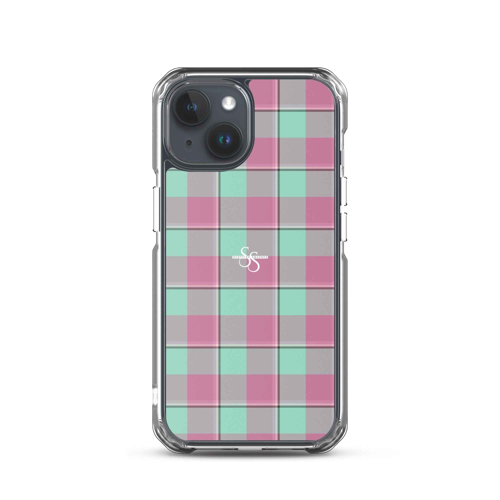 Clear Case for iPhone Vista Blue and Turkish Rose Plaid iPhone 15 - Scottish Squares