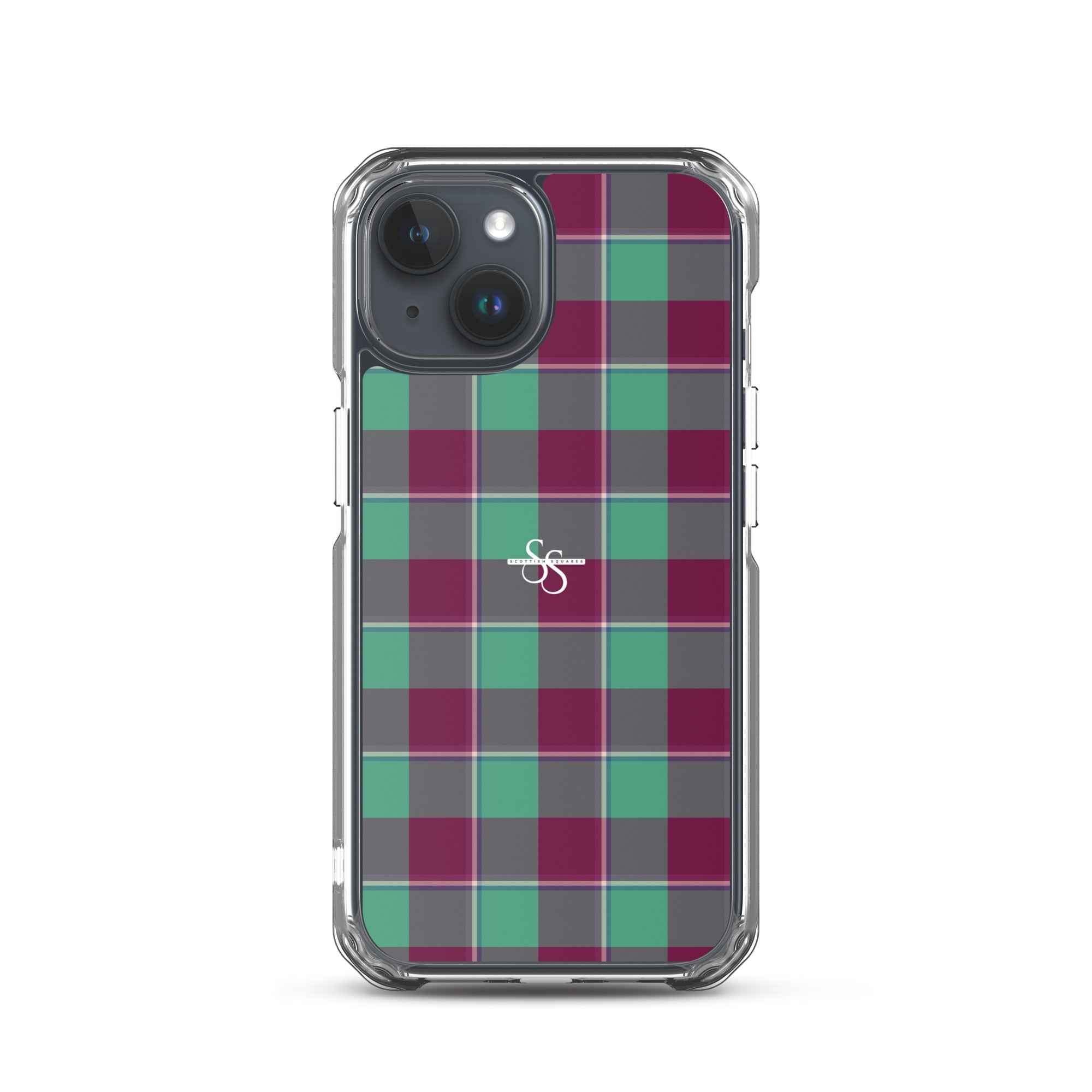Clear Case for iPhone Ocean Green and Mulberry Wood Plaid iPhone 15 - Scottish Squares