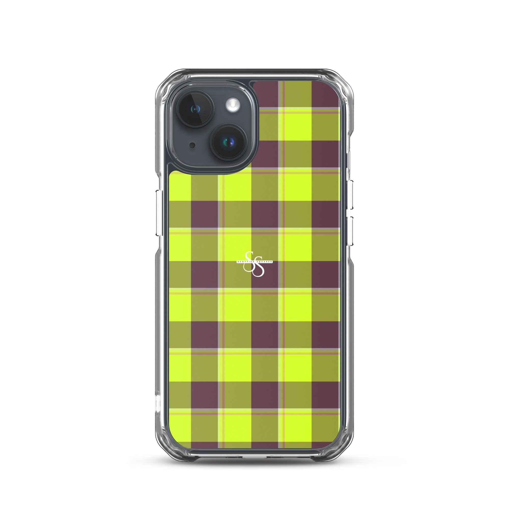 Clear Case for iPhone Electric Lime and Livid Brown Plaid iPhone 15 - Scottish Squares