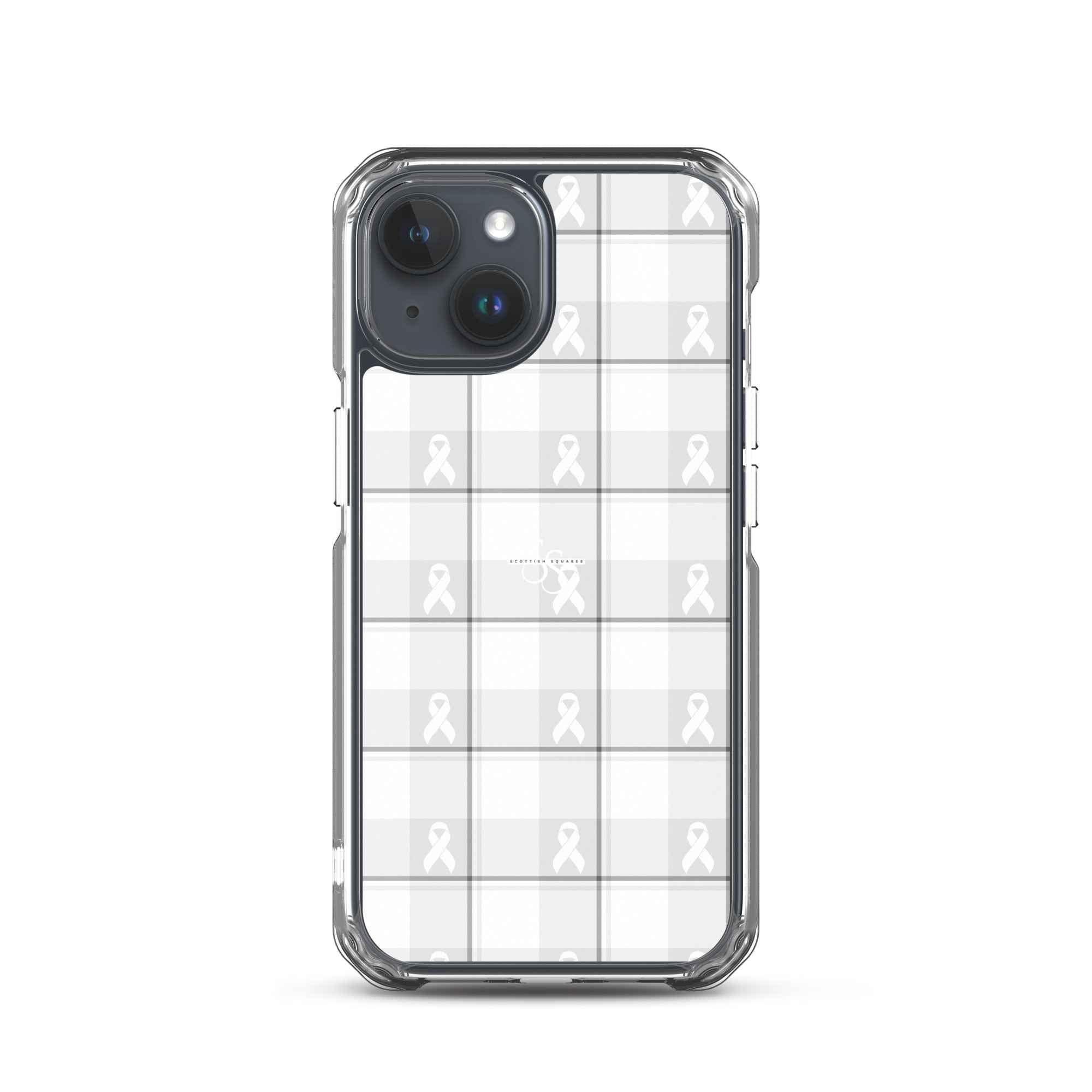 Clear Case for iPhone Lung Cancer Awareness Plaid, White Ribbon, Supportive Gift iPhone 15 - Scottish Squares