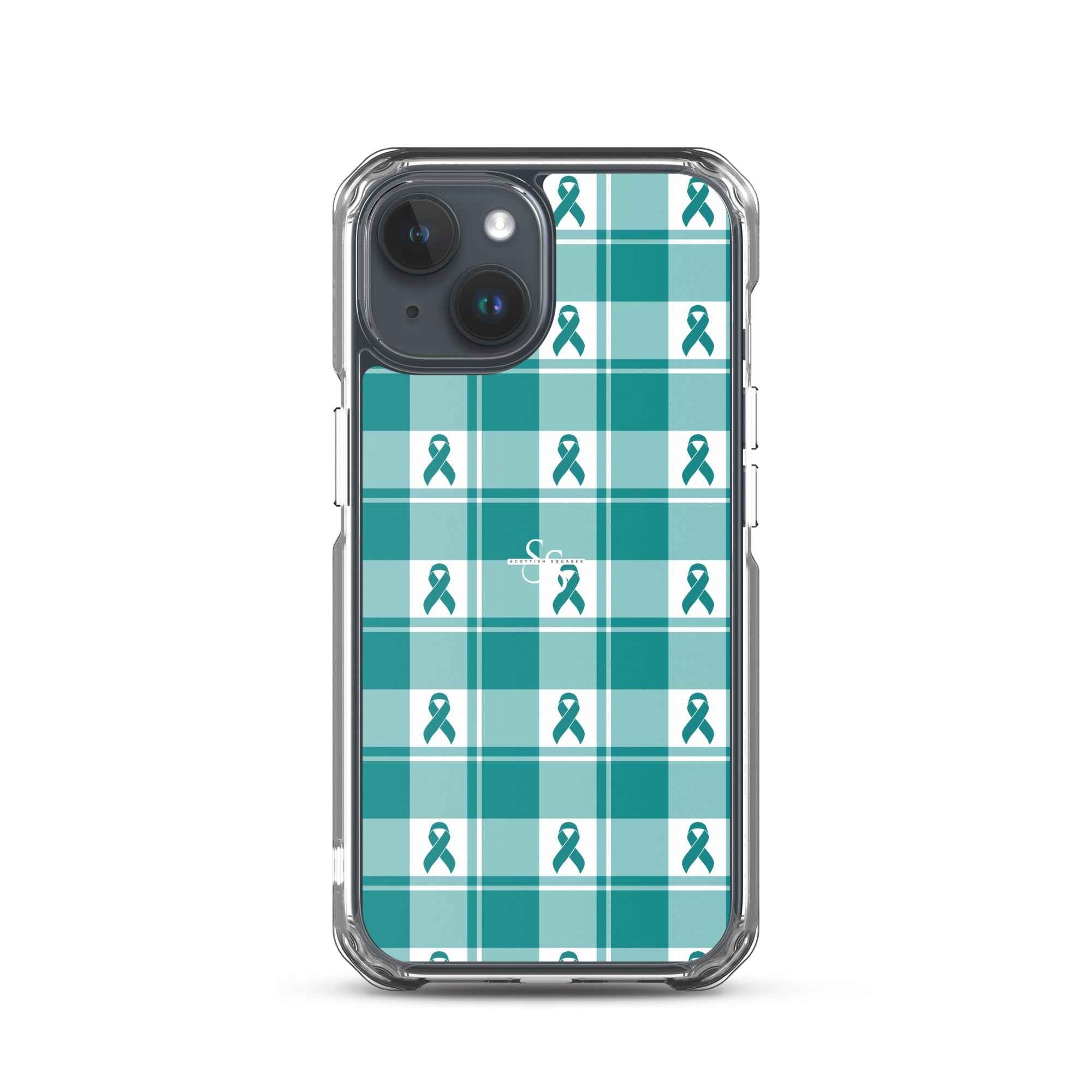 Clear Case for iPhone Cervical Cancer Awareness Plaid, Teal Ribbon, Supportive Gift iPhone 15 - Scottish Squares