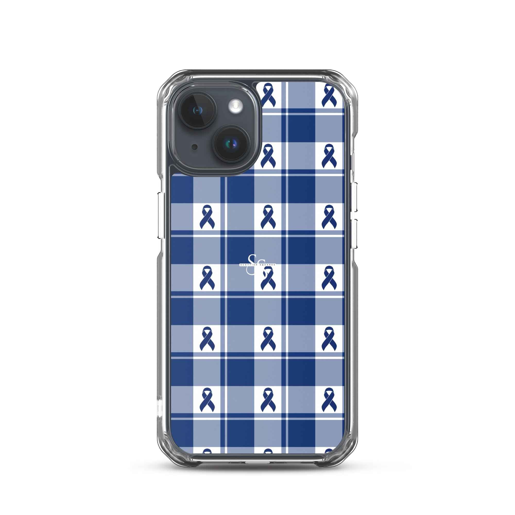 Clear Case for iPhone Colorectal Cancer Awareness Plaid, Dark Blue Ribbon, Supportive Gift iPhone 15 - Scottish Squares