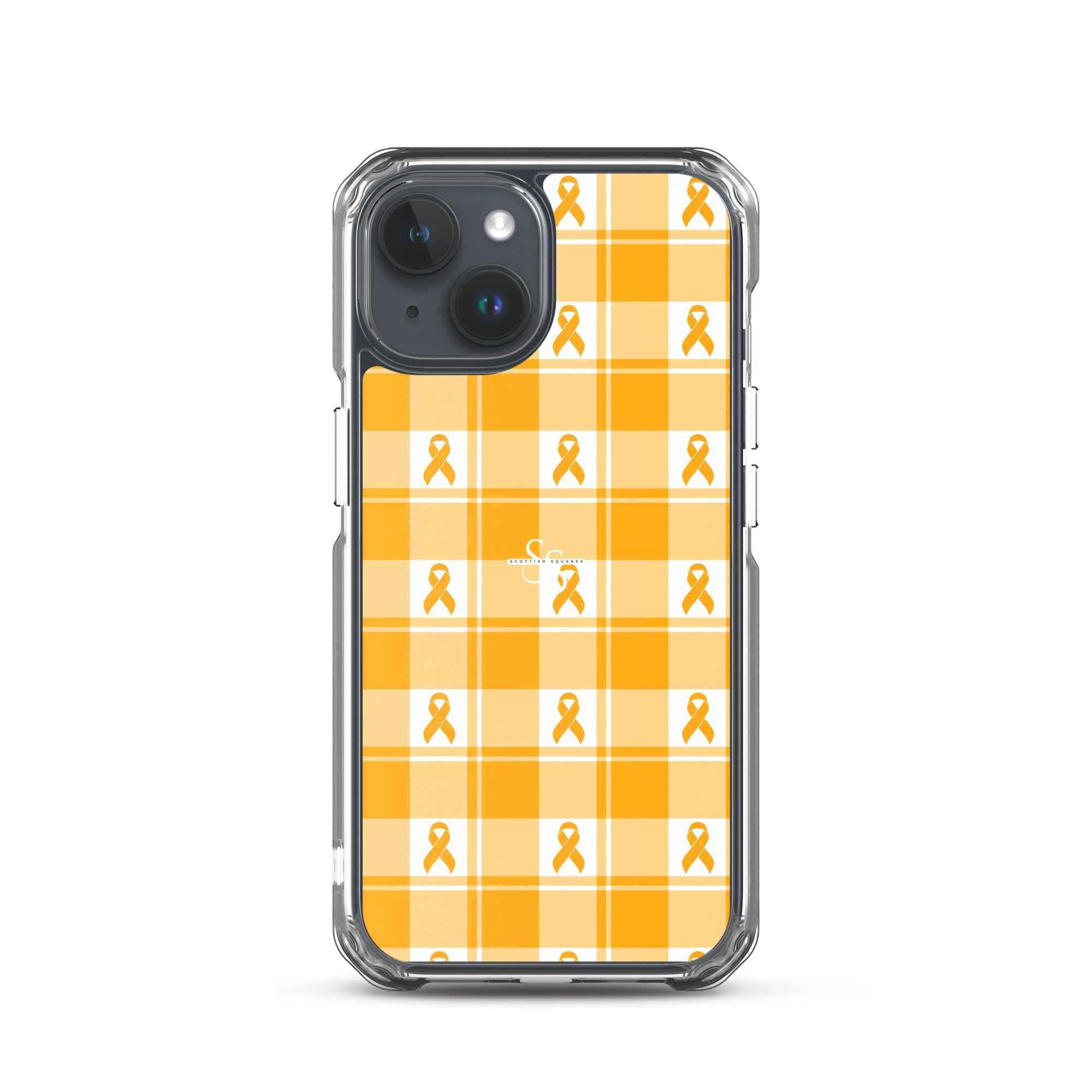 Clear Case for iPhone Kidney Cancer Awareness Plaid, Orange Ribbon, Supportive Gift iPhone 15 - Scottish Squares