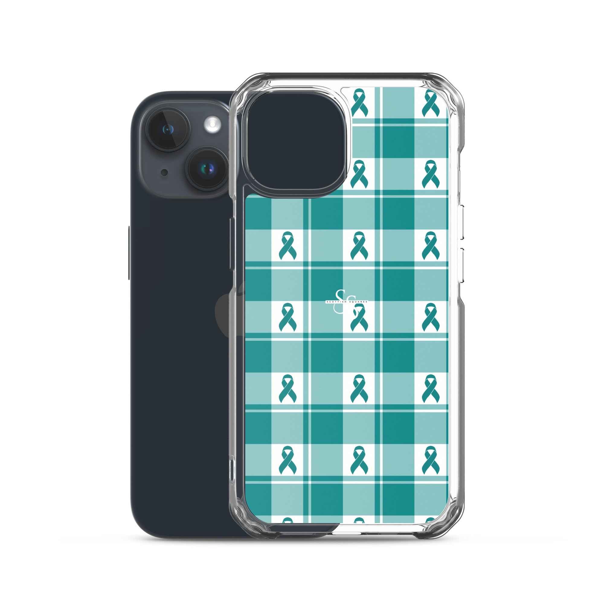 Clear Case for iPhone Cervical Cancer Awareness Plaid, Teal Ribbon, Supportive Gift - Scottish Squares